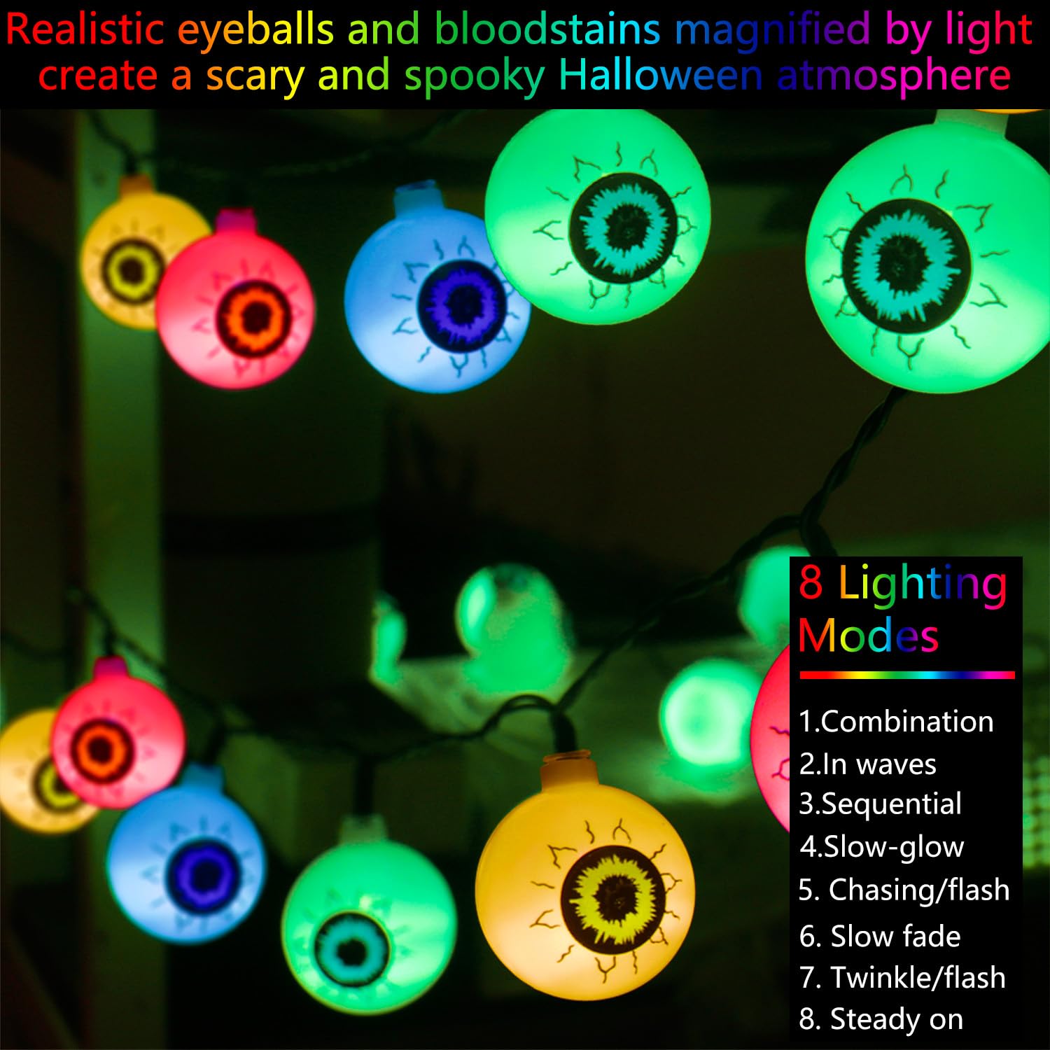 Xingpold Halloween Decorations Solar Eyeball String Lights Outdoor, 8 Modes Solar Halloween Lights With 30 Led Scary Eyeball Lights, 21Ft Waterproof Halloween Lights Outdoor For Garden Window Porch