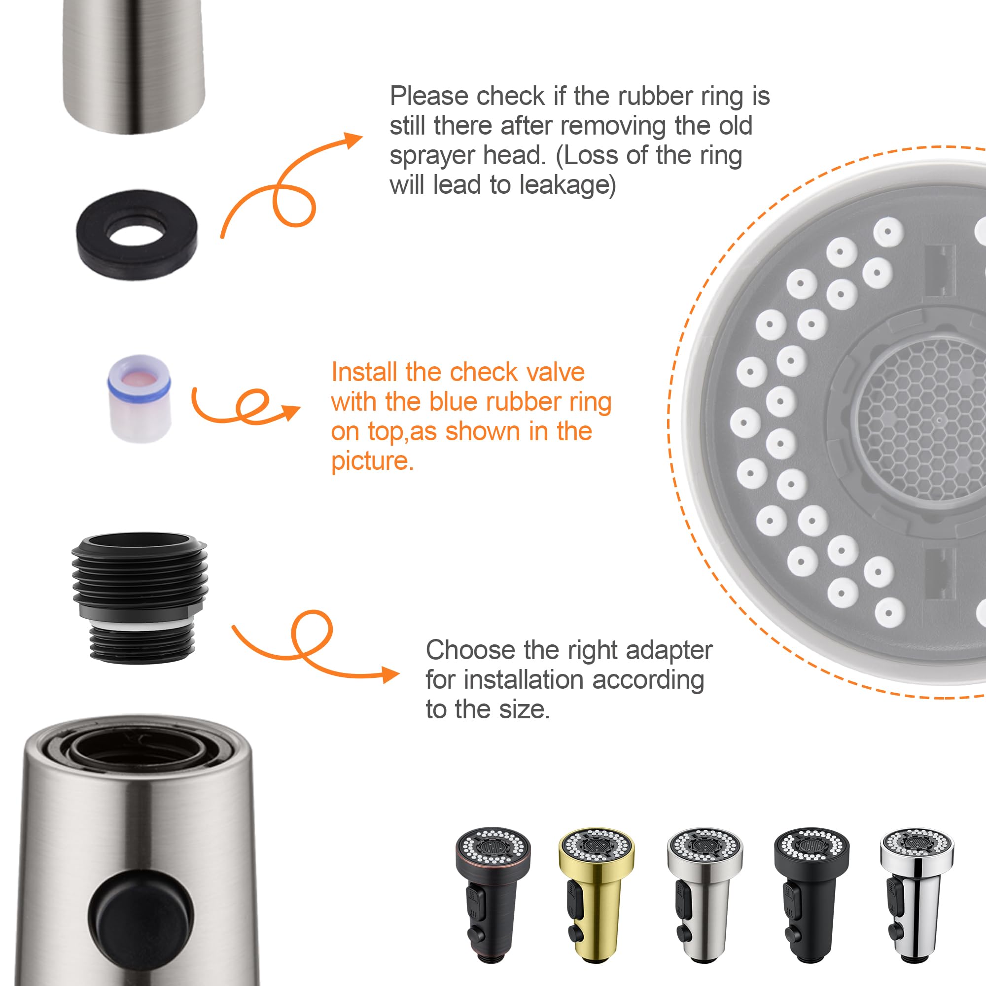 Tioriy Pull Down Spray Head Replacement - For Kitchen Faucet Sprayer Head With 15 Adapters, 3 Function Pull Out Faucet Spray Nozzle, Brushed Nickel