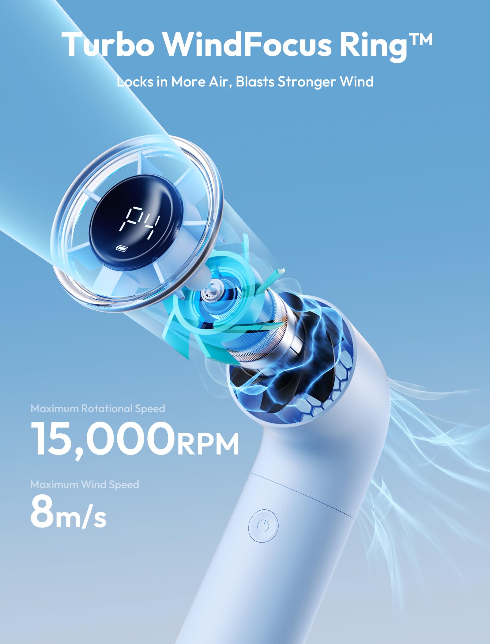 Handheld Aecooly turbo fan with high-speed motor and 8 hours of cooling time, ideal for travel and outdoor events