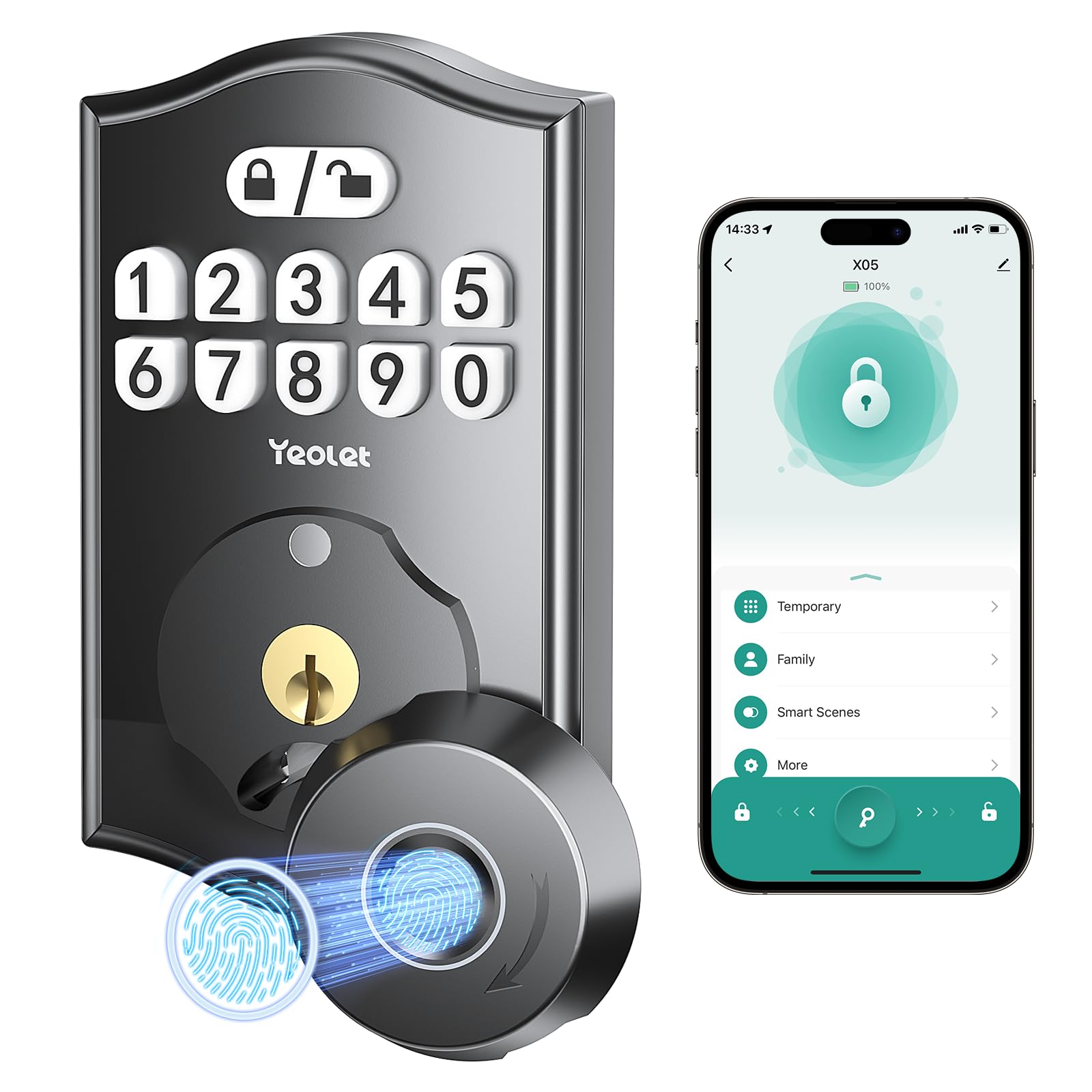 Yeolet Fingerprint Door Lock Keyless Entry Door Lock Deadbolt With App Control Smart Door Locks For Front Door With Code Keypad Deadbolt Auto-Lock Anti-Peeping Code Easy Installation