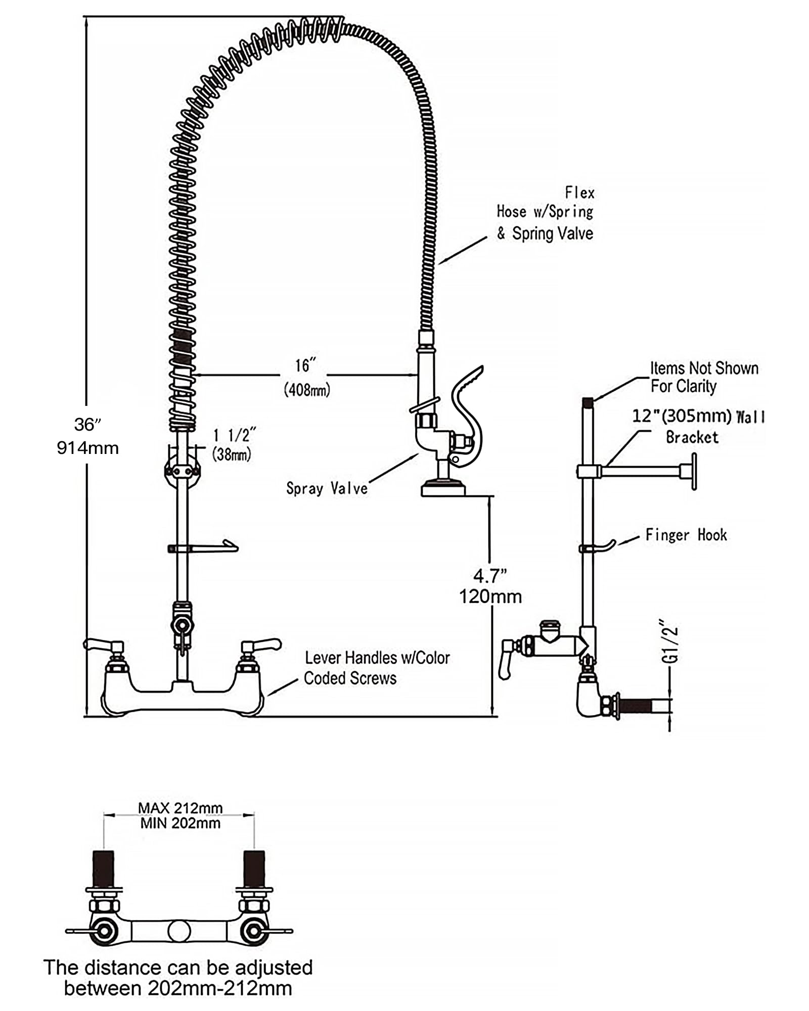 Bestjeef Commercial Faucet With Sprayer For Kitchen Staff: 36 Inches Commercial Faucet Pre Rinse Sprayer 8 Inch Center Wall Mount Kitchen With 12 Inch Add On Spout