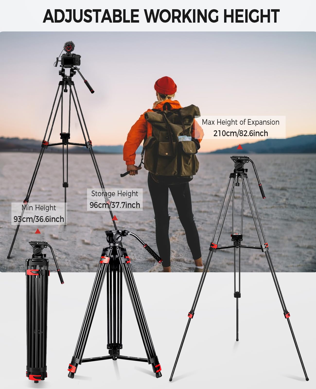 Zikzok 82" /210Cm Professional Video Tripod, Heavy Duty Aluminum Alloy Camera Tripod Stand With 360° Fluid Drag Head, Qr Plate Compatible With Canon Nikon Sony Dslr Camera Camcorder (Load 33Lb)