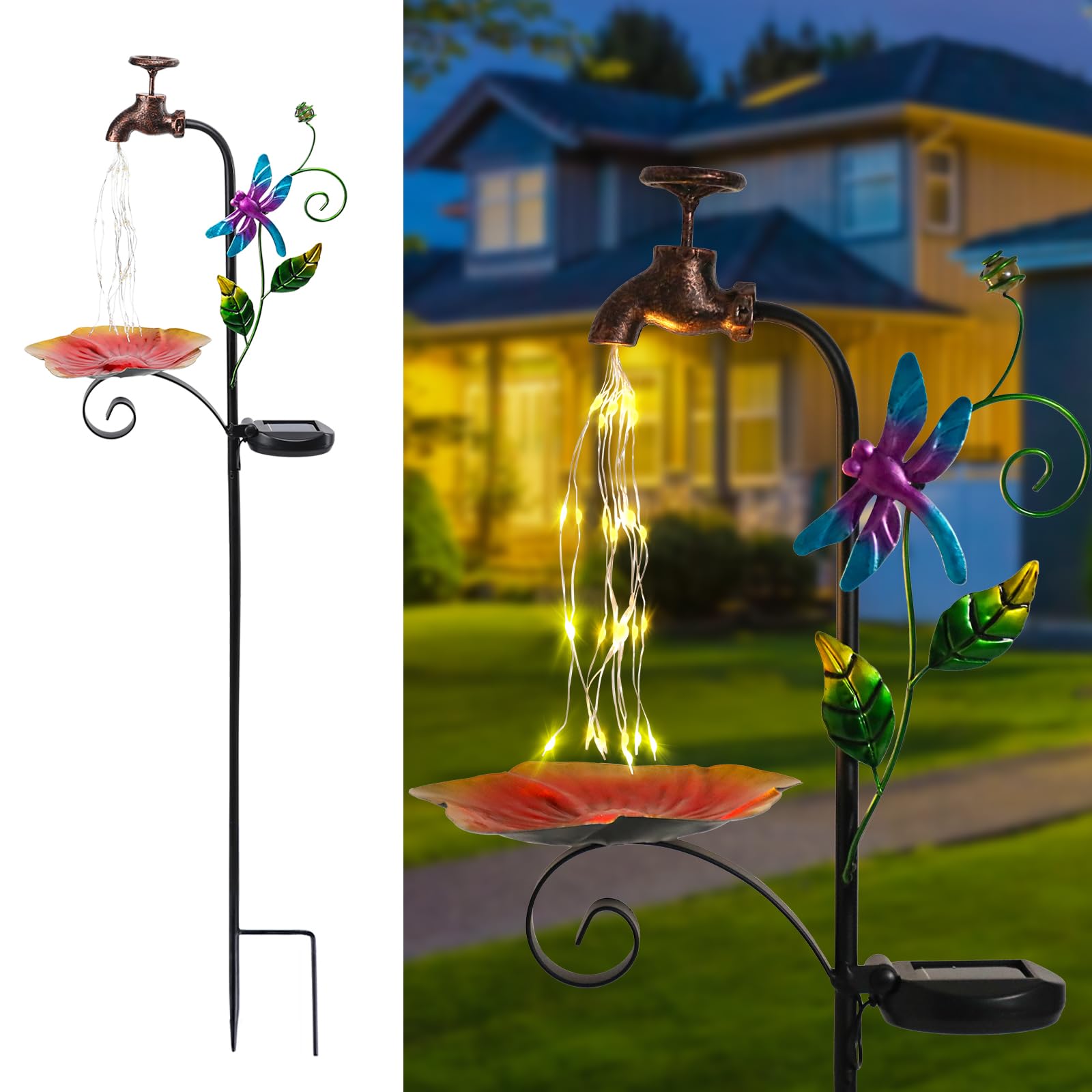 Afirst Solar Outdoor Lights Decorative Solar Dragonfly Lights With Bird Feeder Faucet Shaped Lighted Solar Garden Stake Decorations For Pathway Lawn Patio Courtyard Backyard
