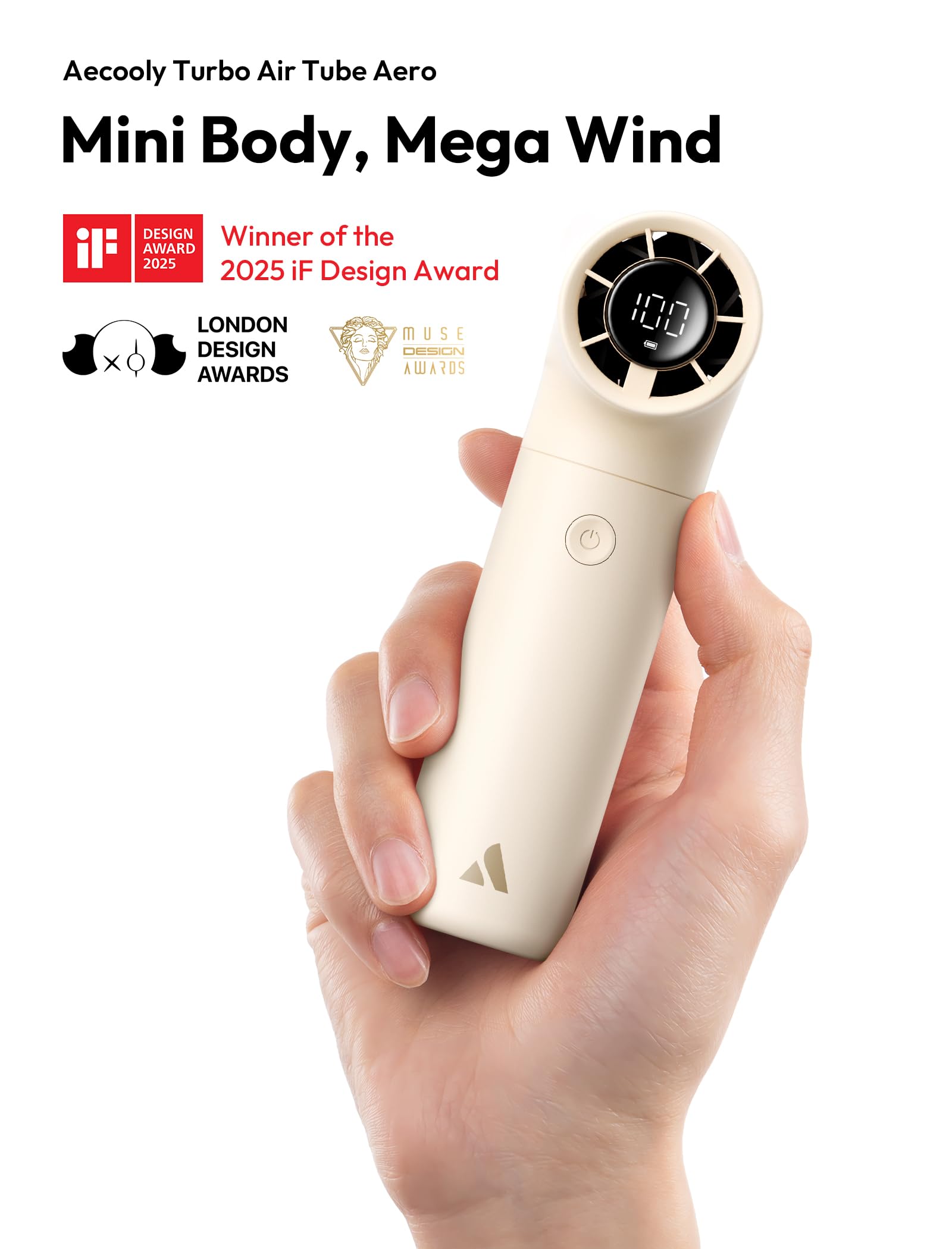 Handheld Aecooly turbo fan with high-speed motor and 8 hours of cooling time, ideal for travel and outdoor events