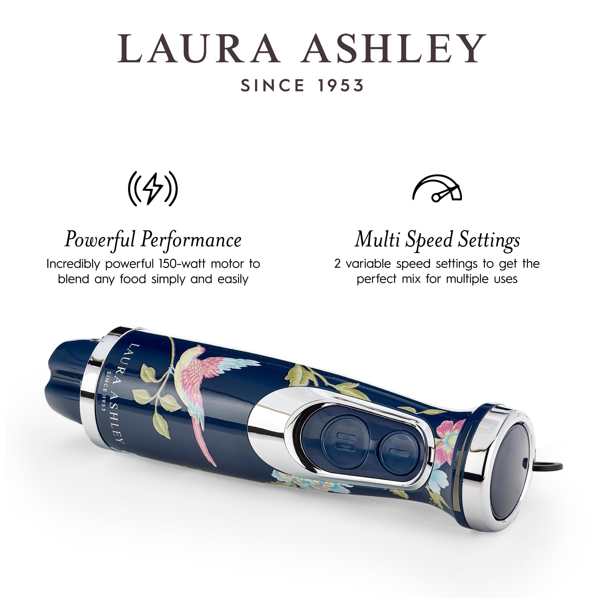 Laura Ashley 150W Immersion Blender Handheld 4 In 1 Electric Hand Blender For Kitchen With Durable Stainless Steel Blades, Whisk & 300Ml Mixing, Pouring Cup 2 Speed Modes Hand Held Stick Blender
