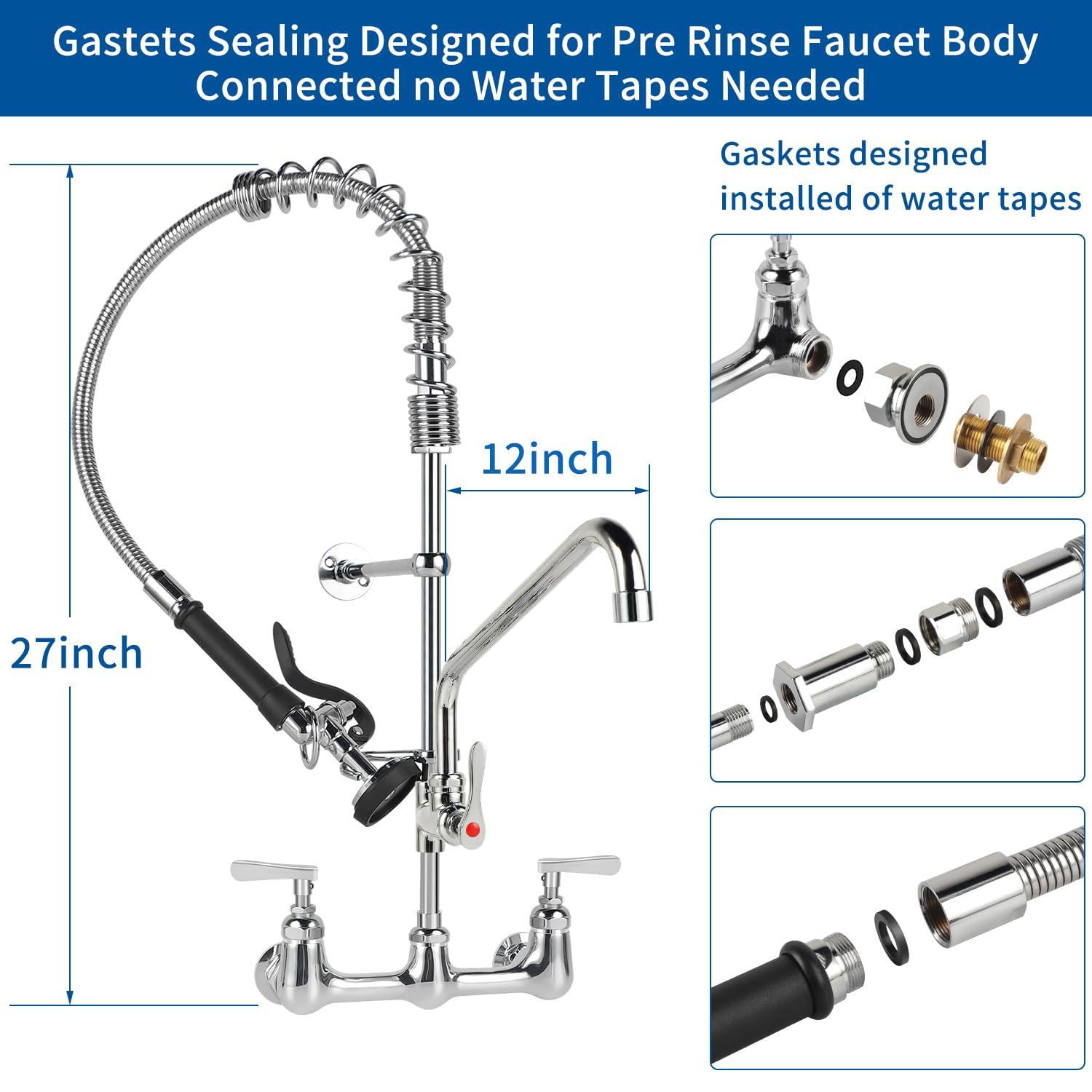 Kwode Commercial Kitchen Faucet With Pre Rinse Sprayer 8 Inch Center Wall Mount Sink Faucet 27" Height 12" Swivel Spout Pull Down Spray Faucet For Restaurant Industrial Compartment Sink, Brass Chrome