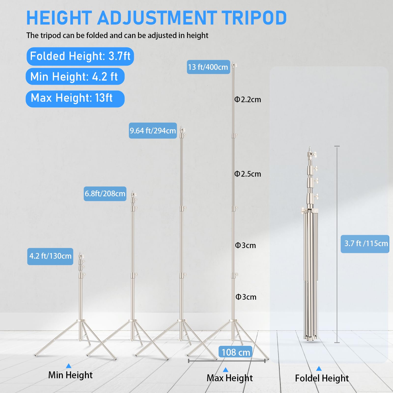 Ambitful Stainless Steel Photography Light Stand,13.1Ft/4M Spring Cushioned Heavy Duty Tripod Stand With 1/4” To 3/8” Screw Adapter For Strobe,Led Video Light,Ring Light, Monolight, Softbox