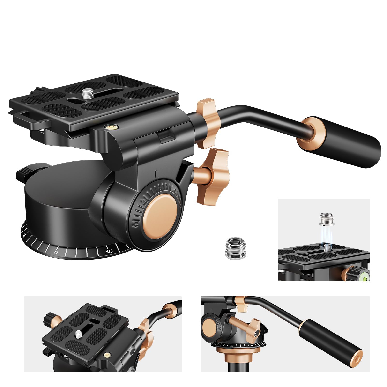 Soonpho Q-08S Heavy Duty Video Camera Tripod Fluid Drag Pan Head With Extended Handle For Dslr Camera,Camcorders,1/4 & 3/8 Inch Screw Sliding Plate 360 Degree Rotating Tripod Head