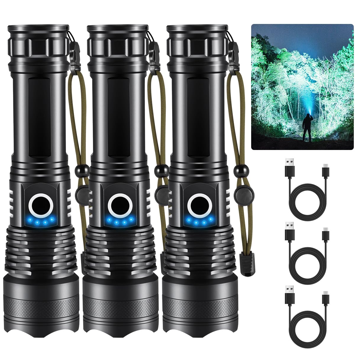 Lnryy Flashlights High Lumens Rechargeable, 3Pack Rechargeable Flashlights, Super Bright Flashlight, 5Mode Tactical Led Flashlight High Powered, Waterproof Flash Light Led