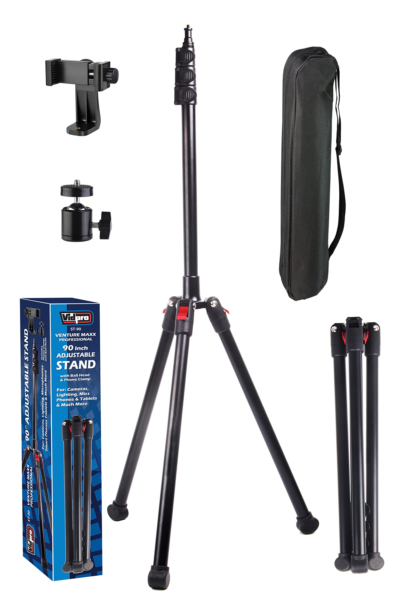 Vidpro St-90 Venturemaxx Professional 90-Inch Adjustable Stand - Lightweight Tripod Compatible With Cameras Camcorders Smartphones Ring Lights Microphones & More Includes Ball Head & Clamp