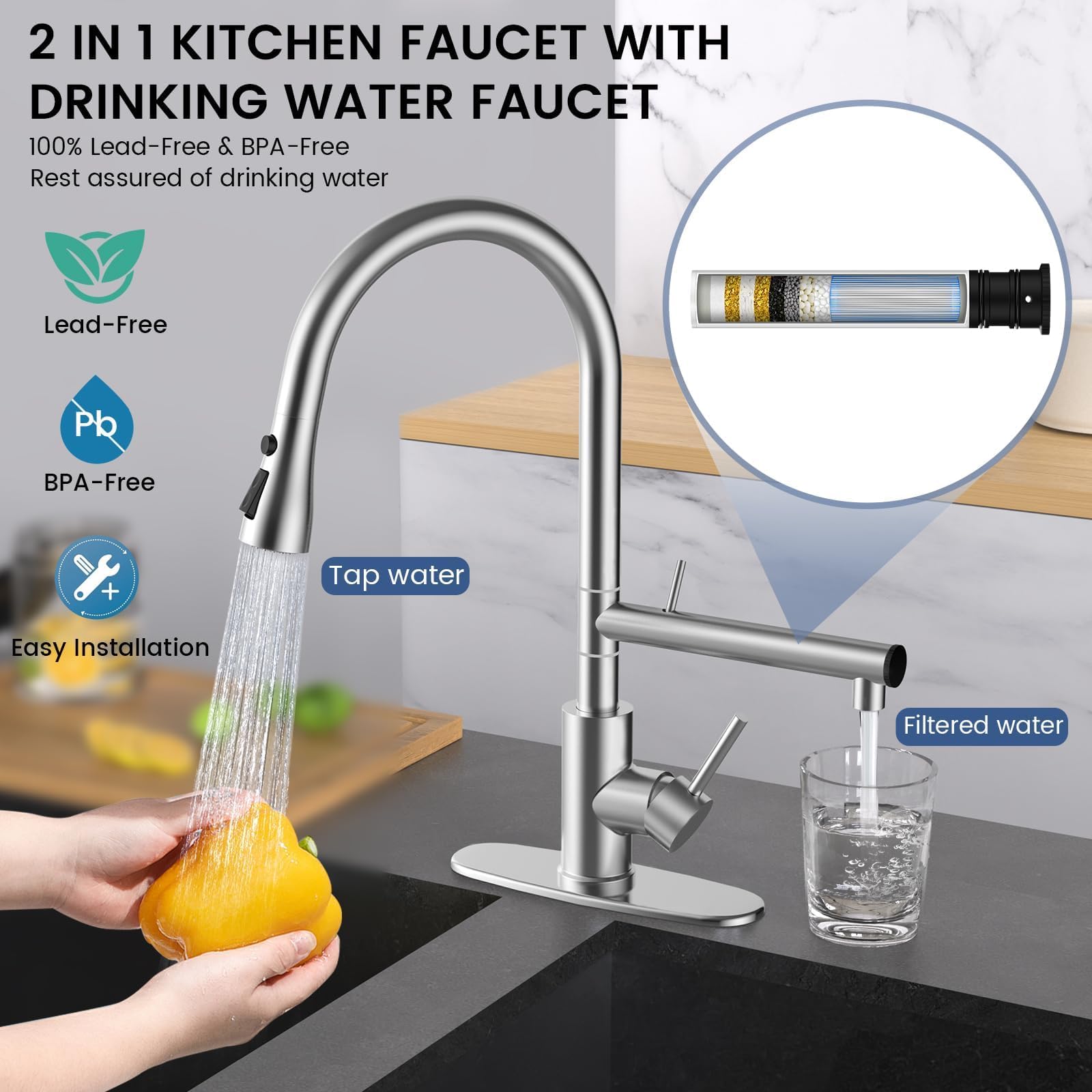 Feelso Kitchen Faucets, Filter Water Kitchen Faucet With Pull Down Sprayer, Brushed Nickel Stainless Steel High Arc 1 Or 3 Hole Kitchen Sink Faucet For Remove Chorine, Harmful Substances