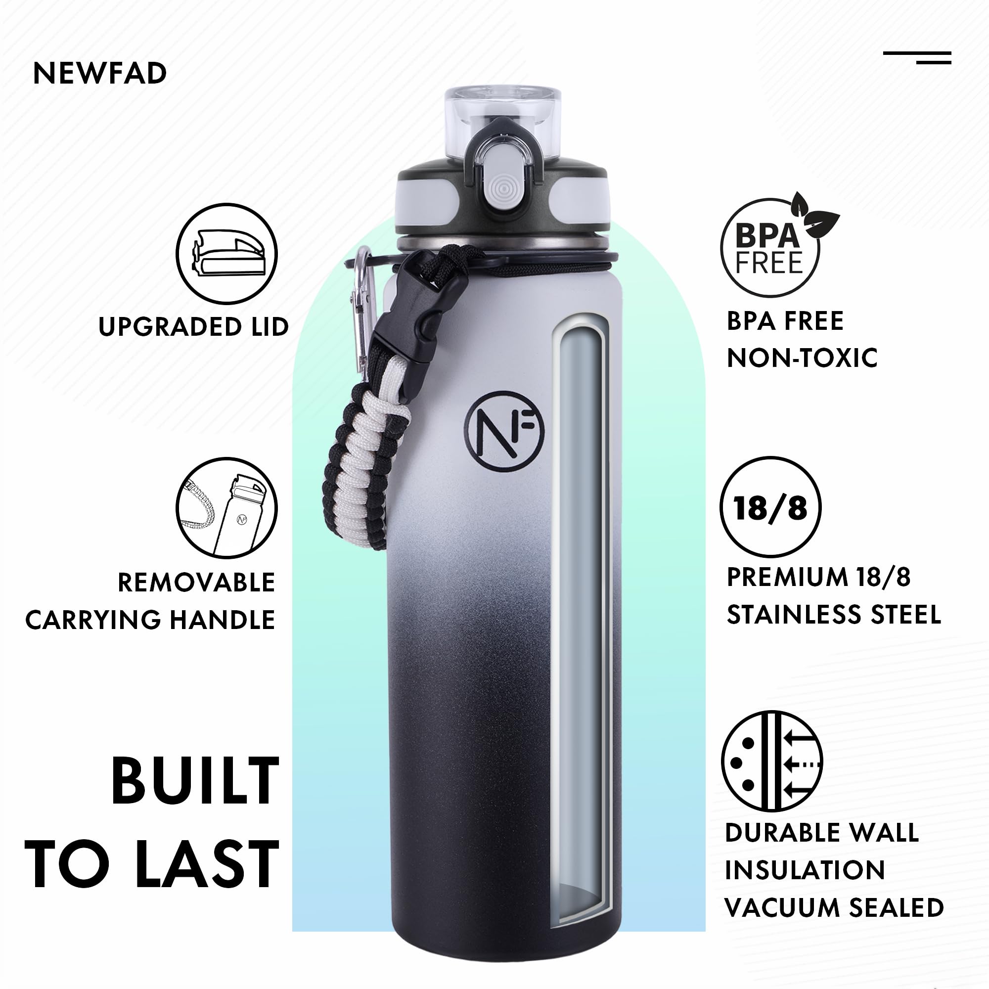 32 Oz Insulated Water Bottle With Detachable Straw & Paracord Handle, Stainless Steel Thermos Water