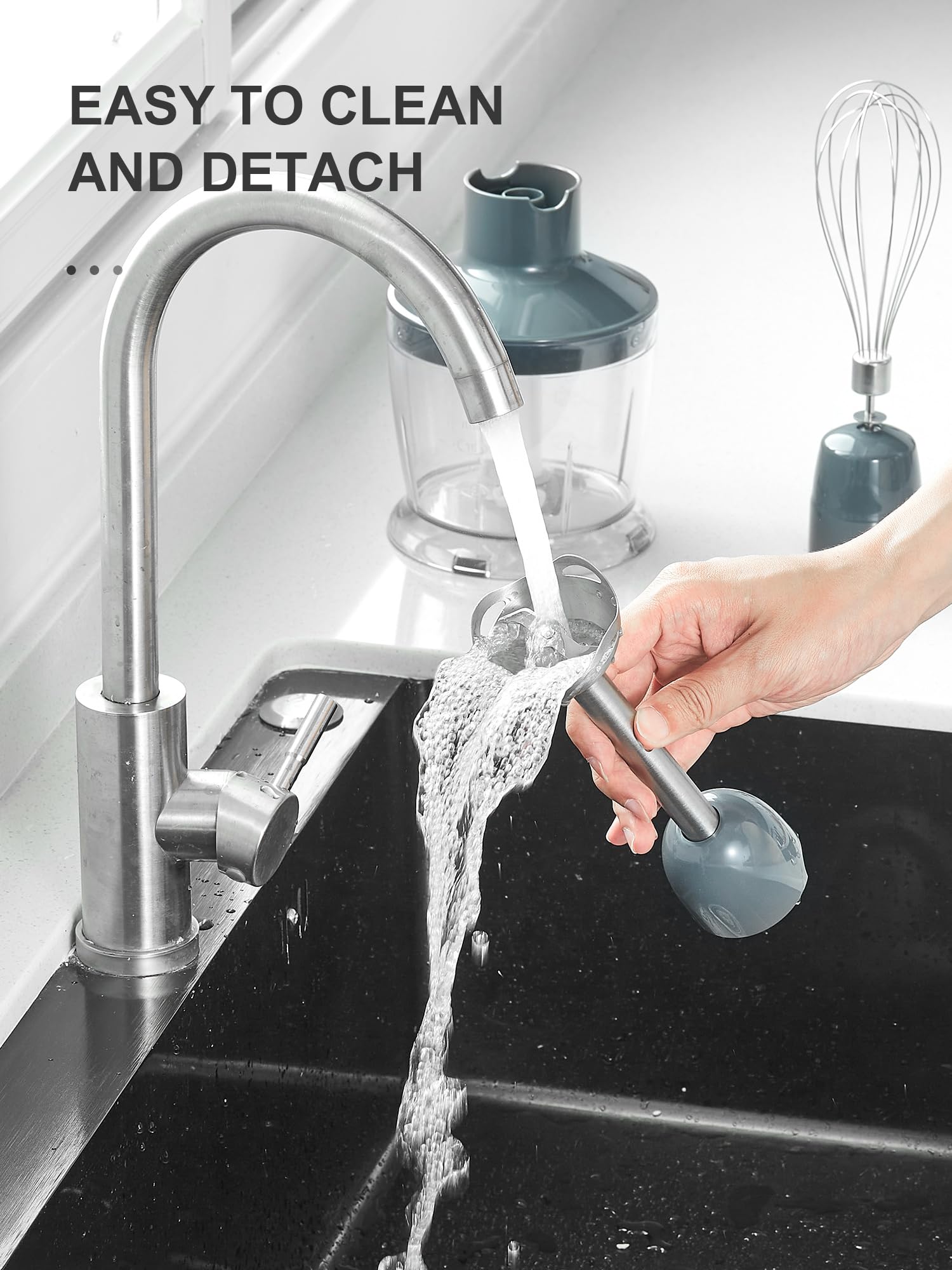 Reemix 5-In-1 Hand Immersion Blender 1000W Handheld Blender With Copper Motor, Stainless Steel Blade, Mixing Beaker, Food Processor, Whisk, Milk Frother For Smoothies, Puree, Baby Food (Gray)