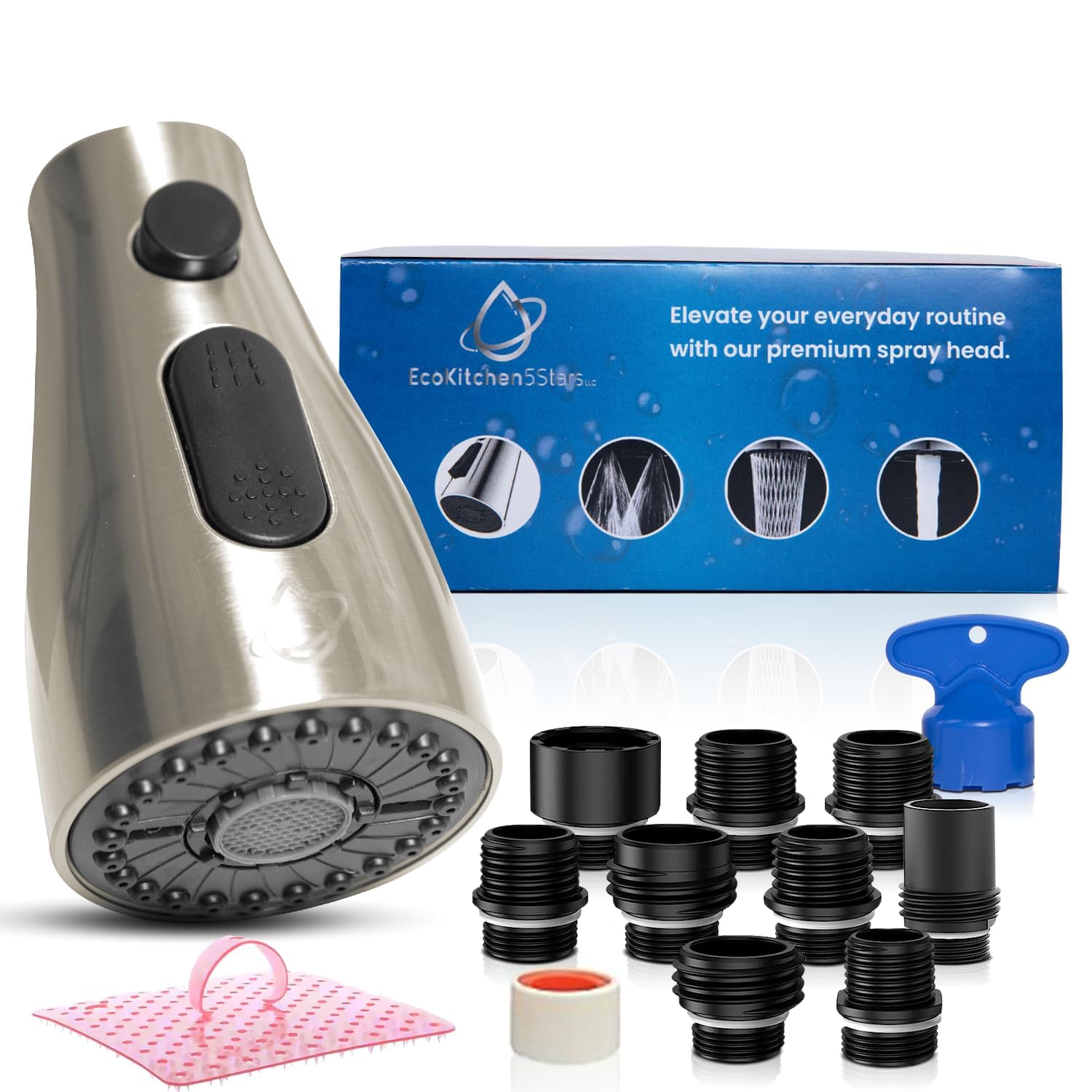 Ecokitchen5Starsllc Kitchen Faucet Head Replacement – Pull-Down/Pull-Out Sprayer For Moen, Delta & American Standard  3-Mode Sink Faucet Spray Head With 9 Adapters, Brushed Nickel, Kitchen Sink Sprayer Replacement