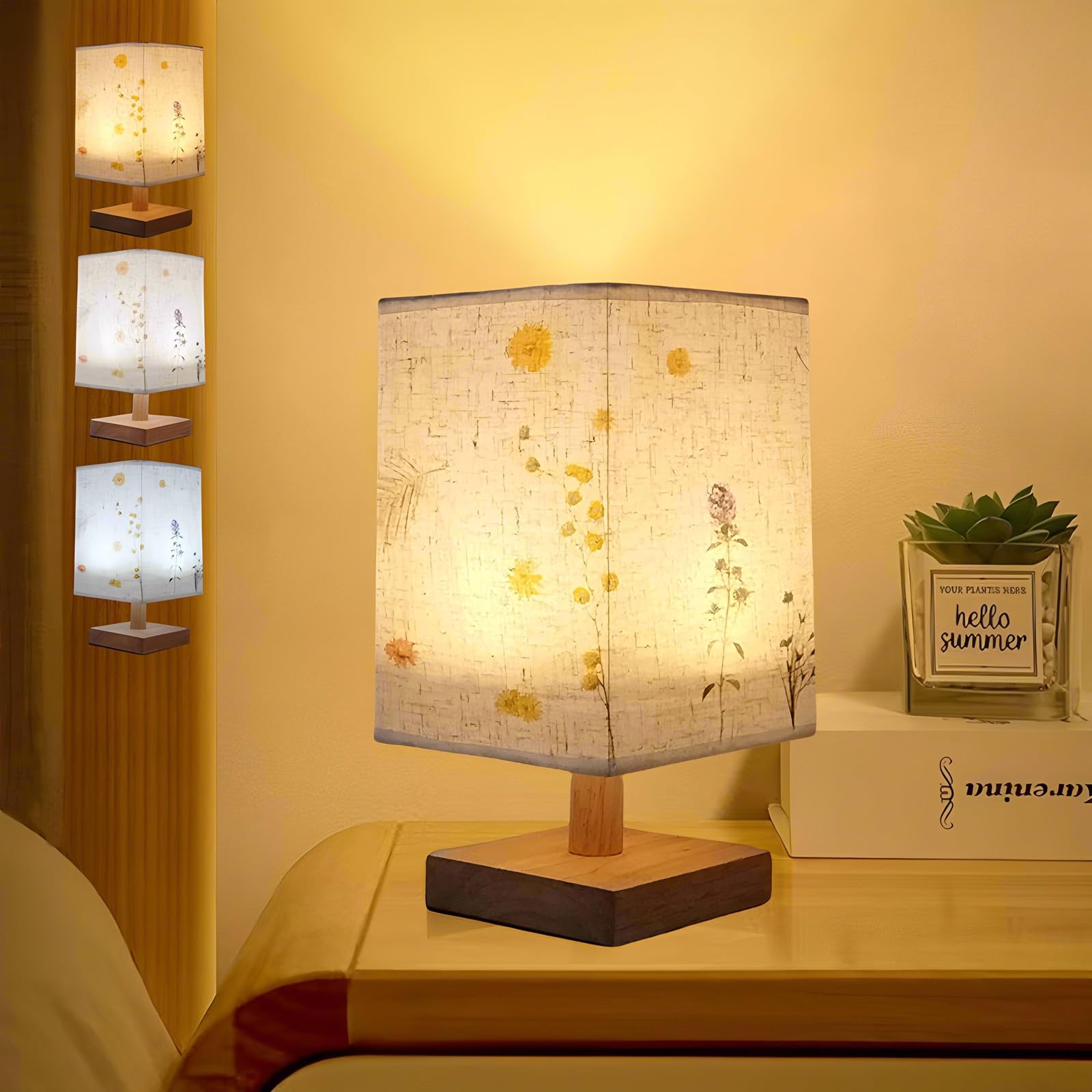 Dkconony Flower Small Table Lamp,3 Color Temperatures Dimmable Boho Floral Bedside Lamps With Pressed Flower Fabric Shade For Home Decor,Modern Bedroom Nightstand Lamp For Living Room,Unique For Wom