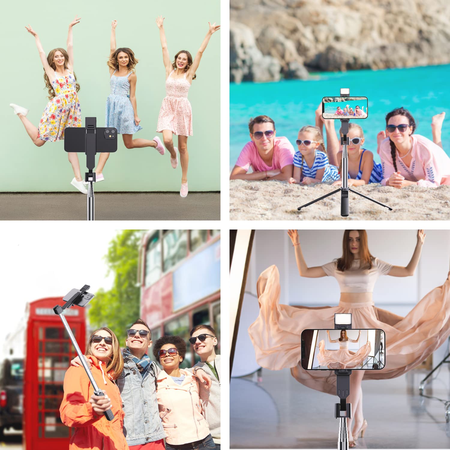 Ambertronix 40” Selfie Stick Tripod Quadrapod, Onboard Light, Wireless Bluetooth Remote, Extendable, Stainless Steel, 3 Light Modes, 9 Brightness Levels, Compatible With All Iphone & Android Devices