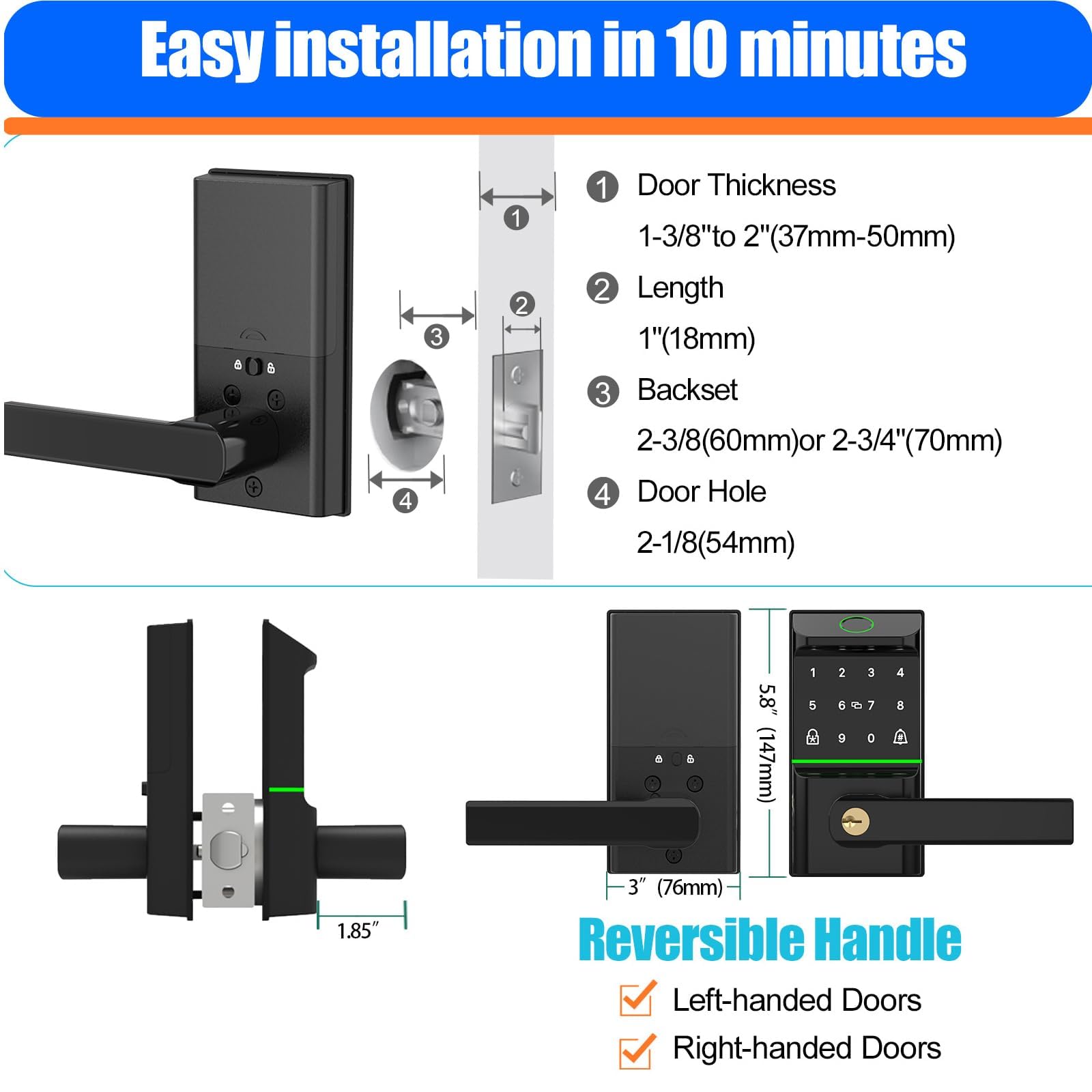 Ossomo Smart Lock For Front Door, Keyless Entry Door Locks With Keypad, Fingerprint Code Door Lock Deadbolt, Auto-Locking, App Control, Ip53 Waterproof