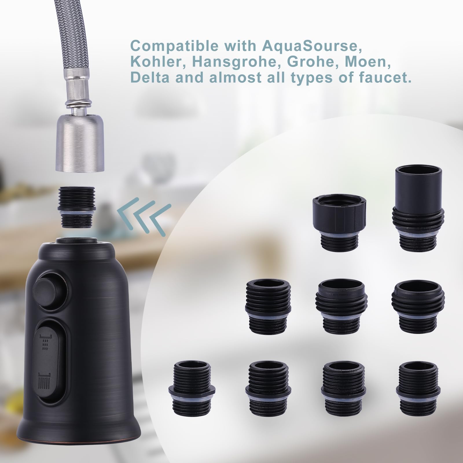 Aleasha Pull Down Faucet Head Replacement,3-Function Kitchen Faucet Spray Head With 9 Adapters,Kitchen Faucet Head Sink Spray Nozzle Compatible With American Standard,Oil Rubbed Bronze