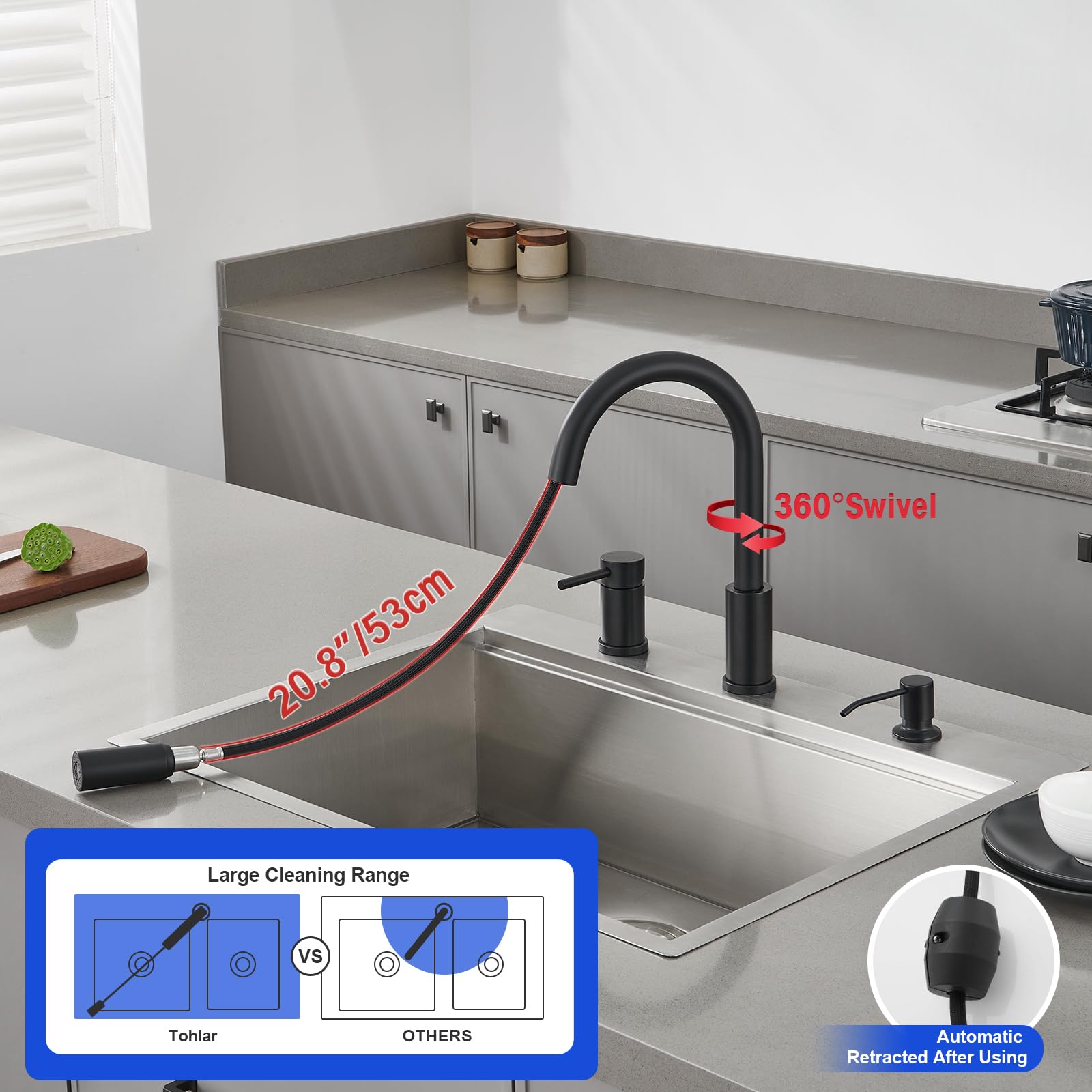 Tohlar Kitchen Faucets With Soap Dispenser Solid Stainless Steel Kitchen Faucet With Pull Out Sprayer 3 Modes Matte Black Modern Kitchen Sink Faucets High Arc Single Handle Faucet