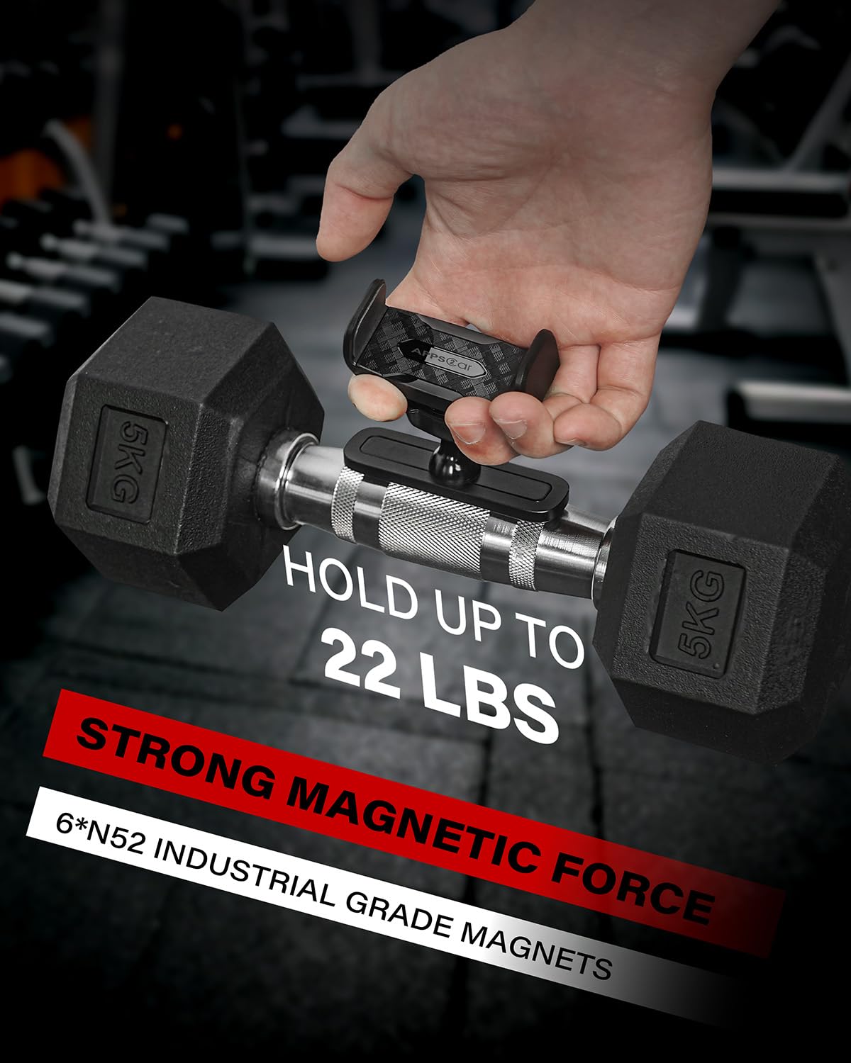 Apps2Car Gym Magnetic Phone Holder, 360 Adjustable, Compatible With 4.7-6.5" Smartphones, Alloy Base And Joint, Black