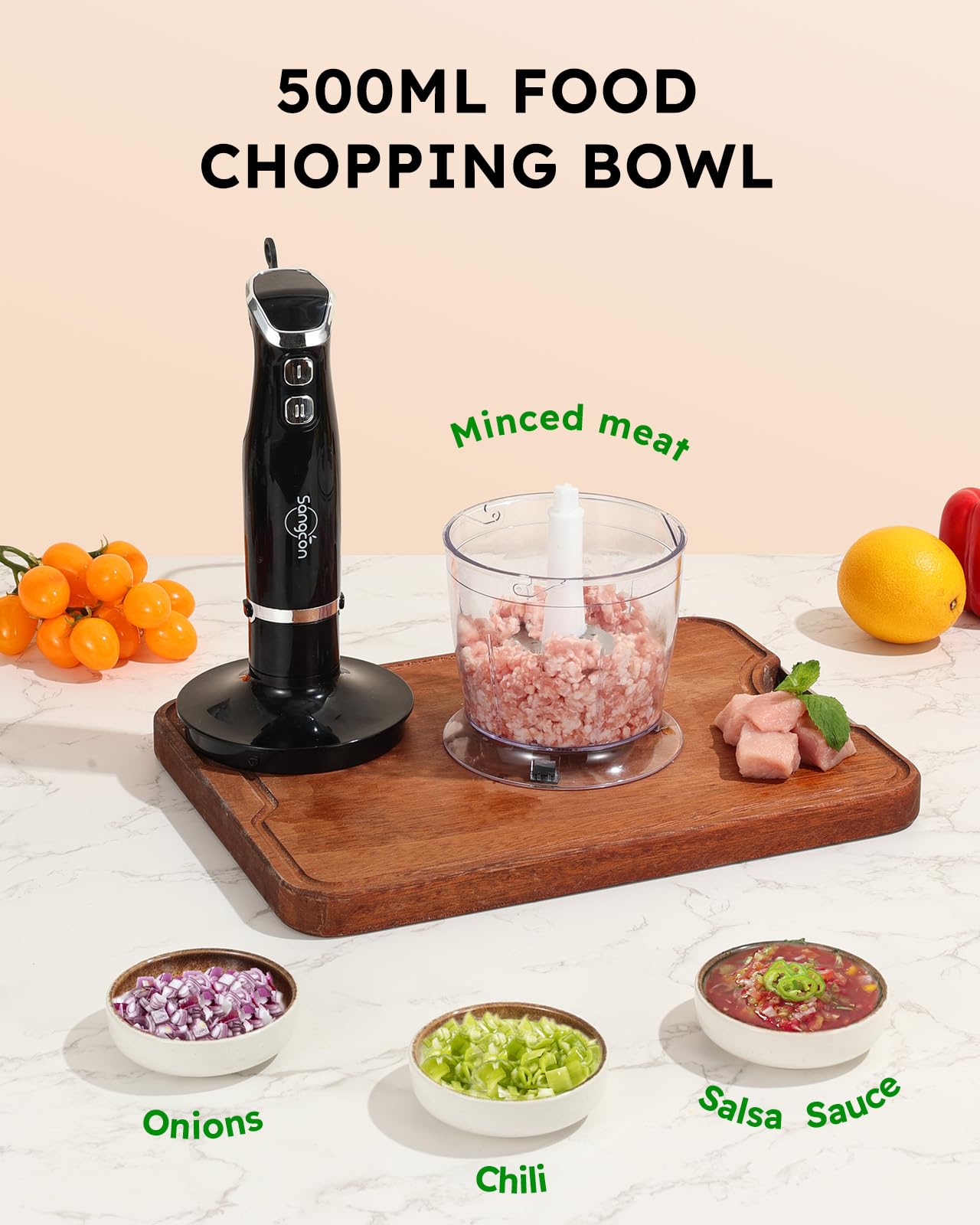 Sangcon Bundled 6-In-1 Immersion Blender Handheld, Hand Blender With Chopper & 34Oz Blending Cup Storage Base, 2-Speed Adjustable Stick Blender