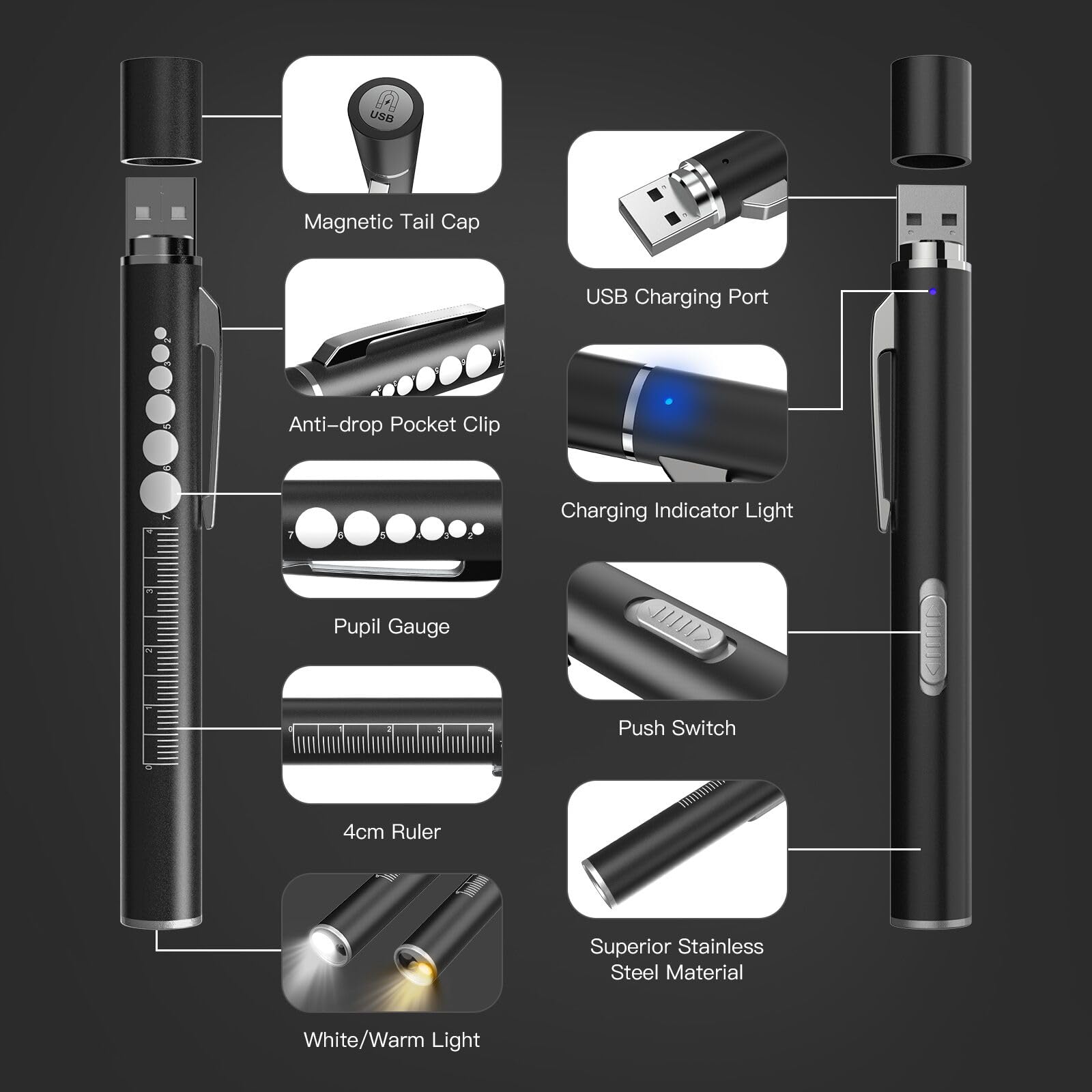 Cosoos 2 Rechargeable Pen Lights With Pupil Gauge & Ruler, Mini Led Penlights For Nurses Doctors, Warm/White Light With Clip, Usb Rechargeable Penlight Flashlight  For Nursing Student