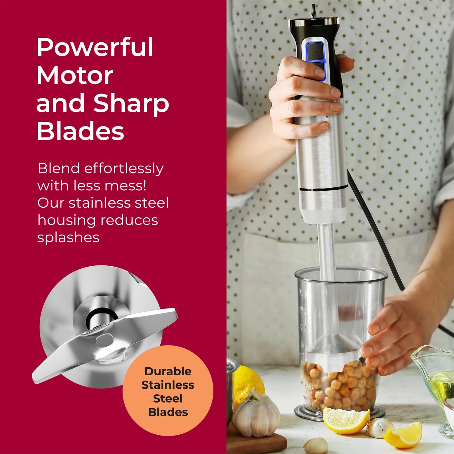 Mueller Immersion Blender Handheld 8 Speed Stainless Steel Electric Hand Blender, 3 In 1 Emulsion Blender Handheld With Turbo Mode, Stick Blender Emulsifier For Kitchen For Soup, Smoothie, Puree