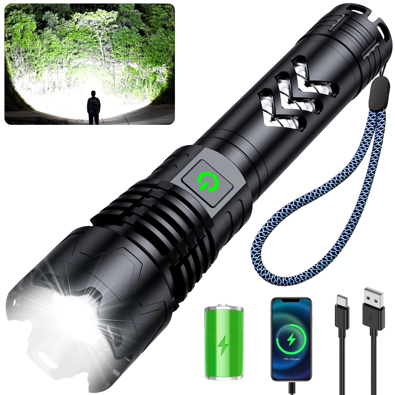 Alifa Flashlights High Lumens Rechargeable, 990000 Lumens Super Bright Flashlight, 5 Modes Led Powerful Flashlight, Ip65Waterproof, Versatile Utility Flashlight For Emergencies, Hiking, Camping