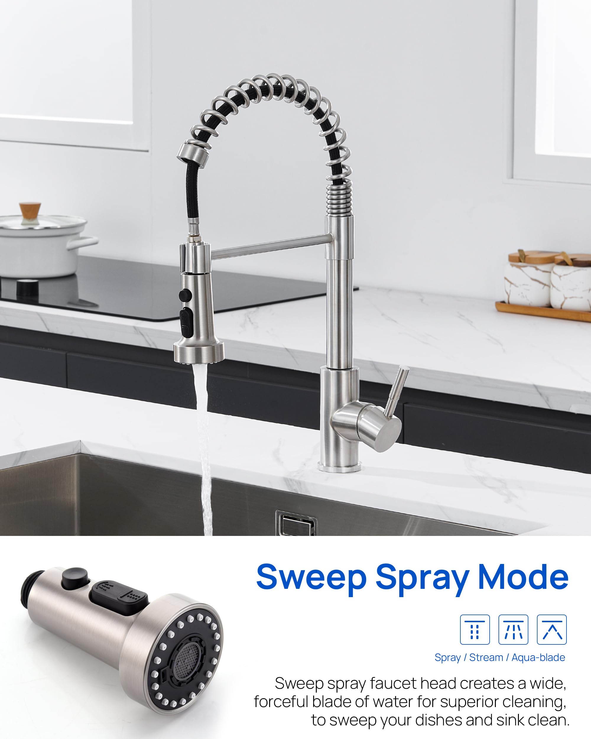 J-Hva Pull Down Kitchen Faucet Sprayer Head Replacement Part, 3 Function Pull Out Sink Sprayer Replacement Nozzle With 15 Adapters, Kitchen Faucet Head Hose Spray Tap Spout, Brushed Nickel