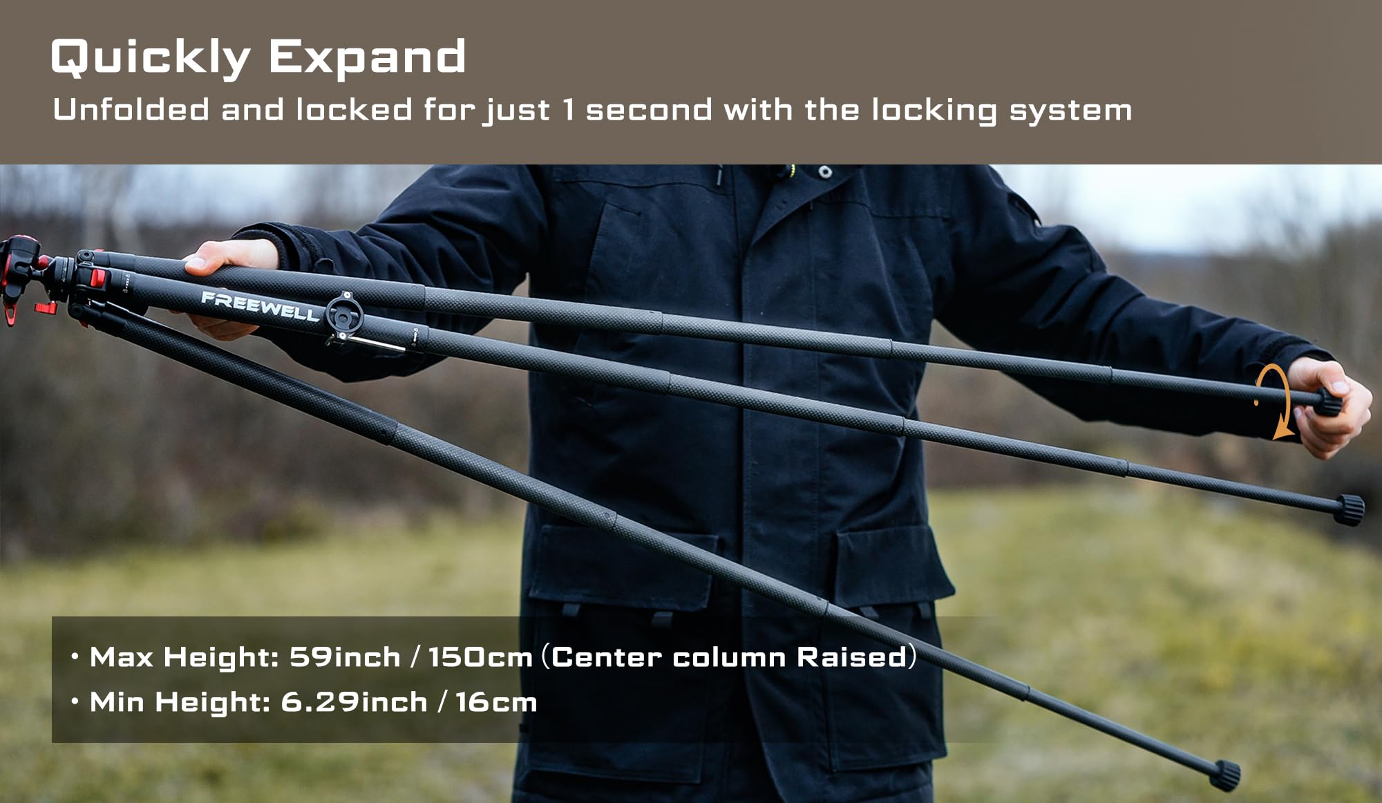 well Carbon Fiber Travel Tripod 59.1" Lightweight 1.98Lbs Photo/Video 360°Ball Head (Max Load 5Kg/11 Lbs), Monopod, Quick-Release Plate, For Dslr Cameras & Smartphones