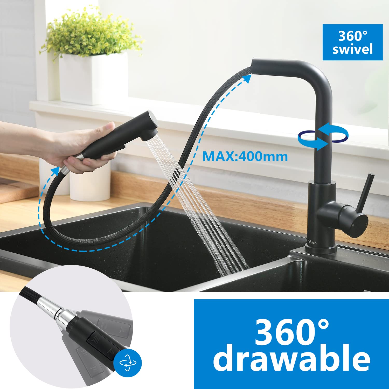 Tohlar Black Kitchen Faucet With Pull Down Sprayer, Stainless Steel Kitchen Sink Faucets With Deck Plate For Sink 1 Or 3 Hole, 360° Swivel Pull Out Kitchen Faucet For Rv Laundry Bar (Matte Black)