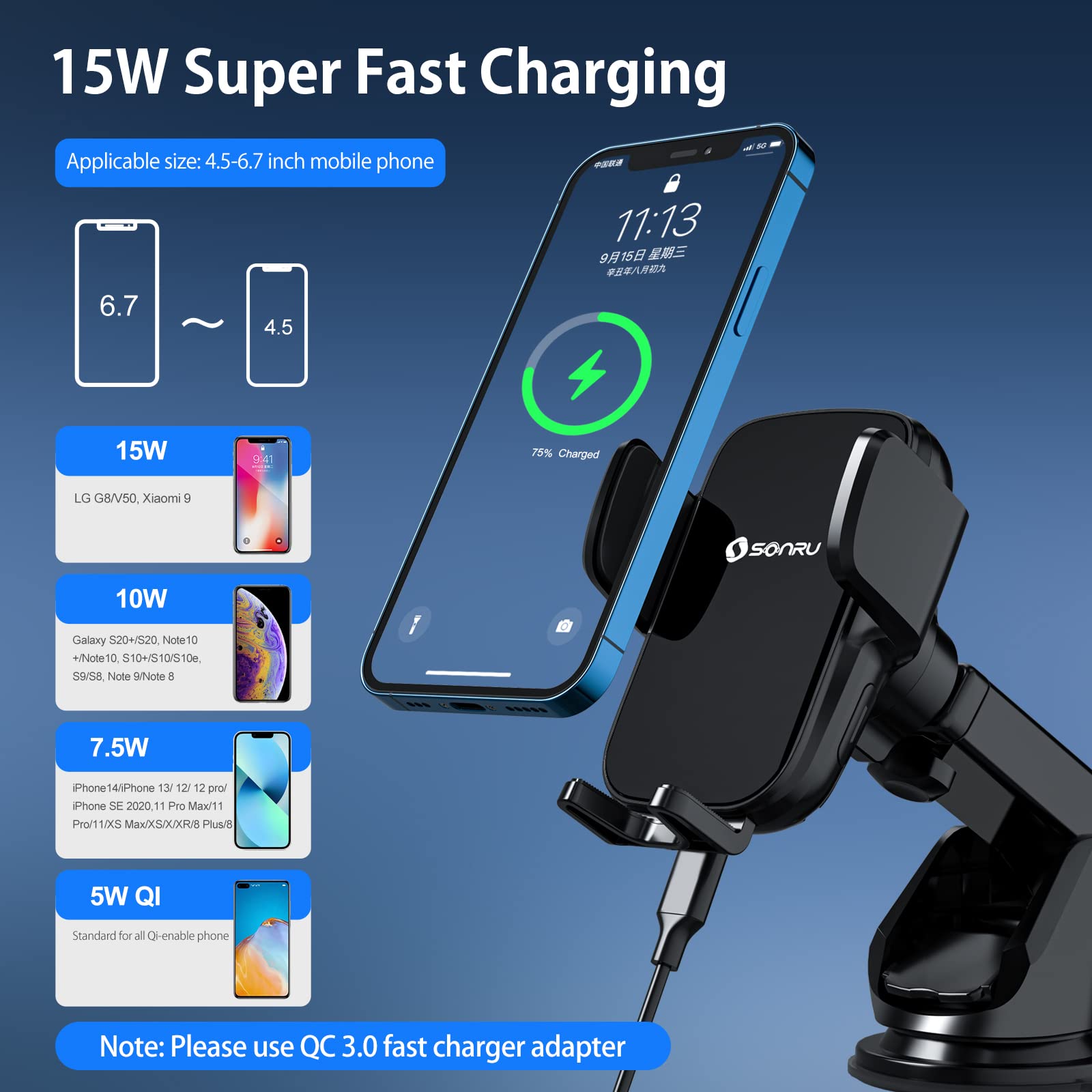 Sonru Wireless Car Charger Mount, 15W Fast Charging Auto-Clamping Car Phone Holder, Windshield Dashboard Air Vent Cell Phone Holder For Iphone 16/15/14/13/12 Pro Plus Max Xs Xr, Samsung Galaxy Google Lg Etc