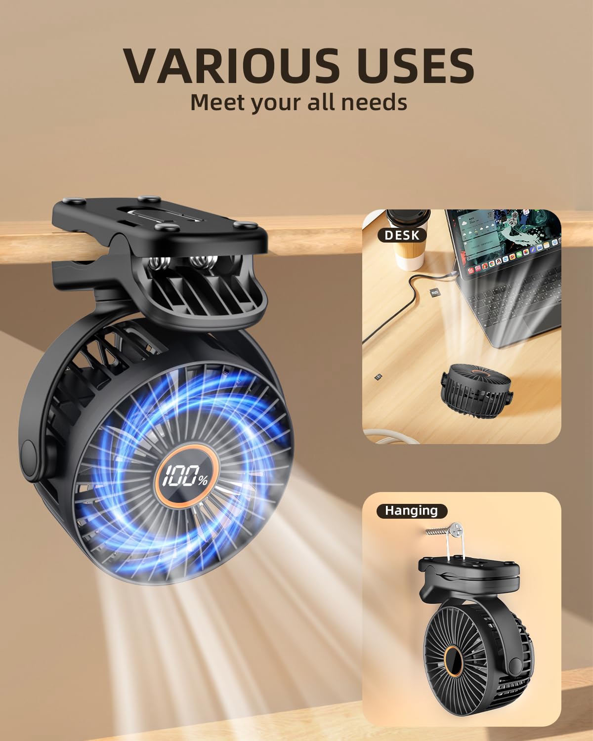 Mini Clip On Fan, Battery Operated Desk Fan, Digital Display,3 Speeds Adjustable, Bidirectional 360