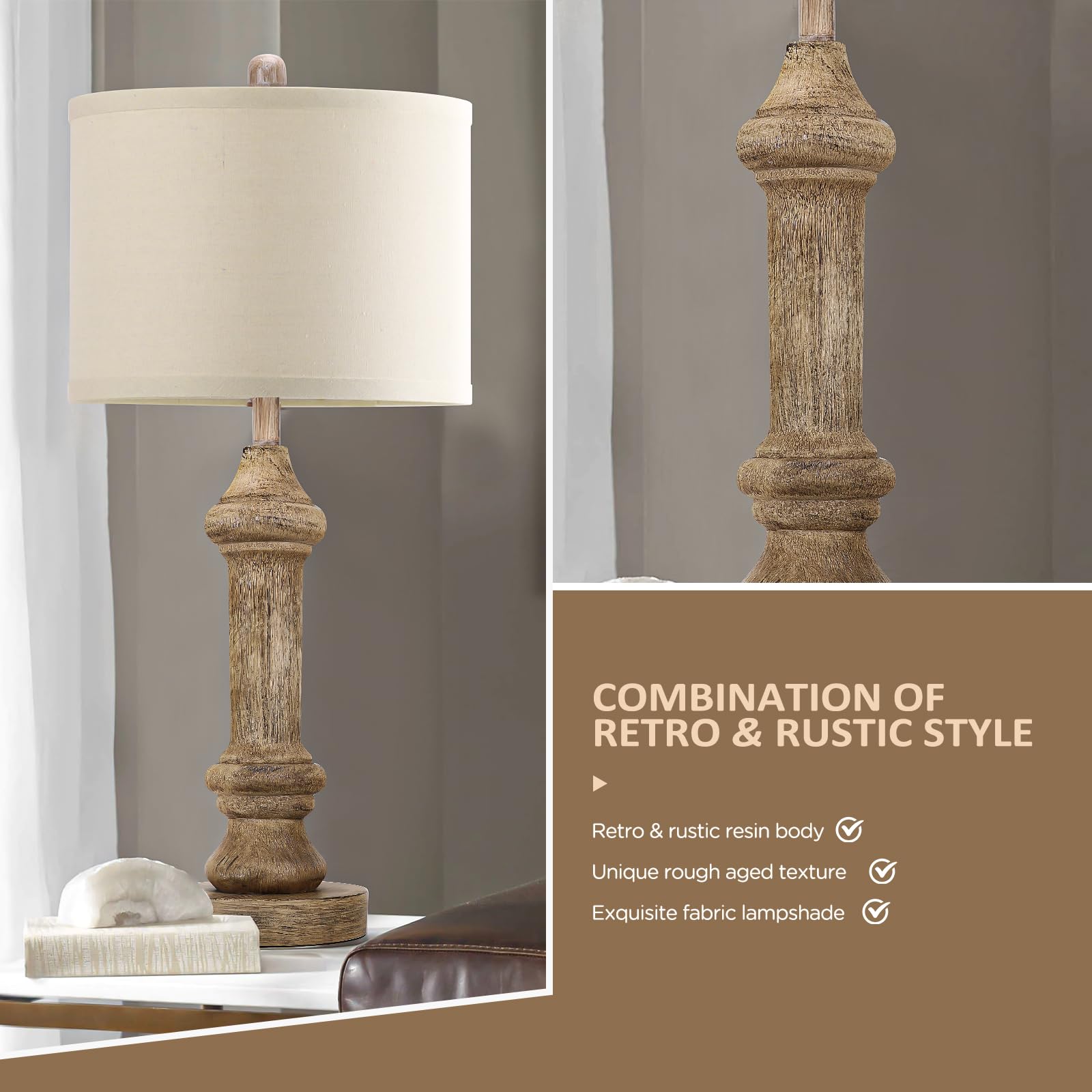 Spclsim Farmhouse Table Lamps For Bedroom Set Of 2, 25" Rustic Living Room End Table Lamps With Beige Resin Body Black Aged Texture Beige Shade, Vintage Bedside Nightstand Lamps, Bulb Not Included