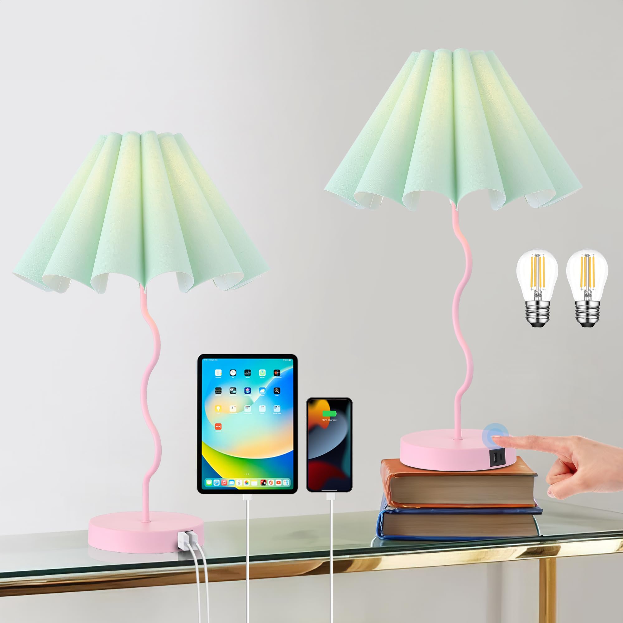 Eoeyyoyb Table Lamps Set Of 2 Modern Bedroom Nightstand Lamps Pink Lamp For Living Room End Table Touch Dimmable Lamp With Usb Port And Outlet Charging Station