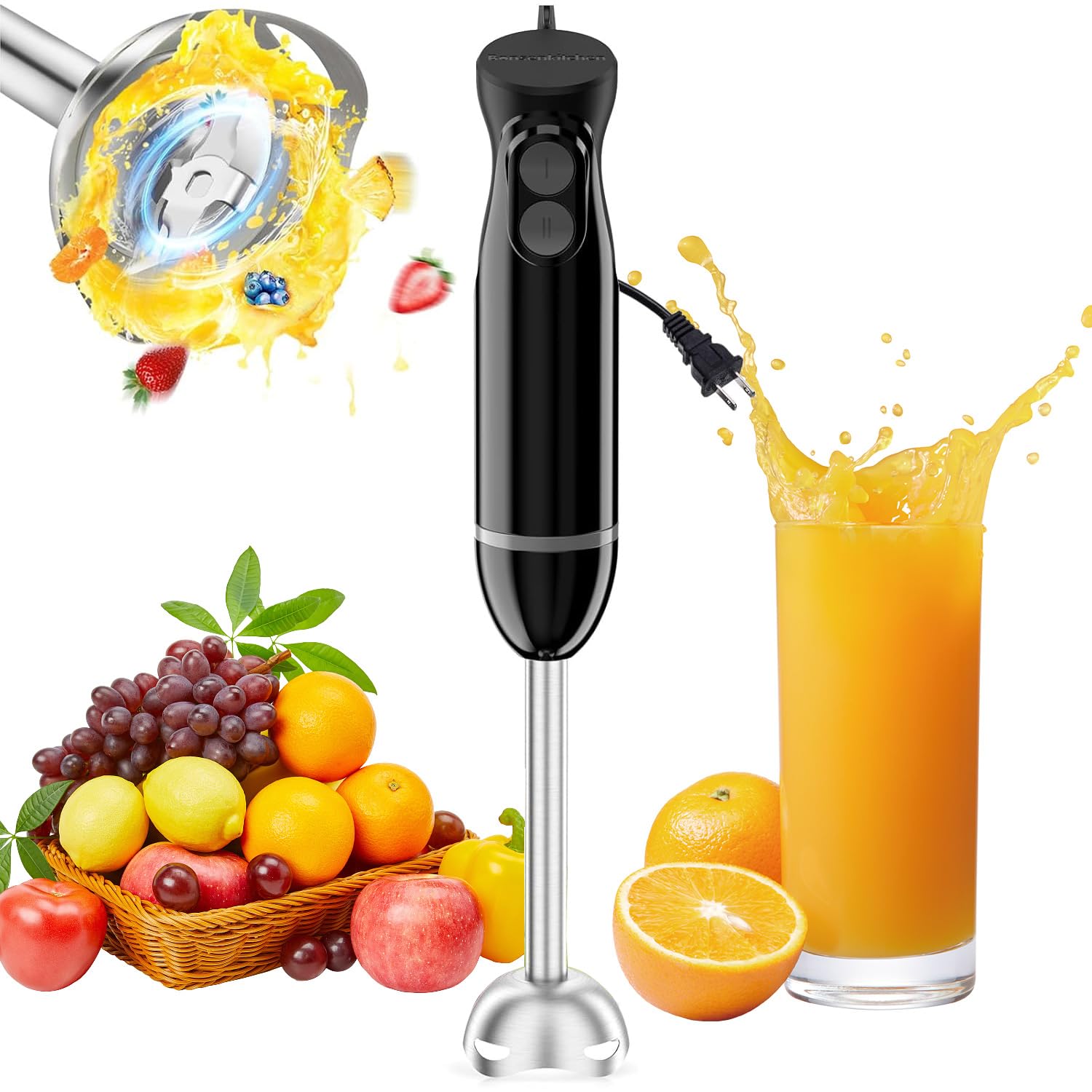 Bonsenkitchen Hand Blender, Immersion Blender With 2 Mixing Speeds, Portable Electric Stick Mixer, Stainless Steel Blades, Perfect For Soup, Smoothie, Puree, Baby Food, Easy Clean, Compact Design