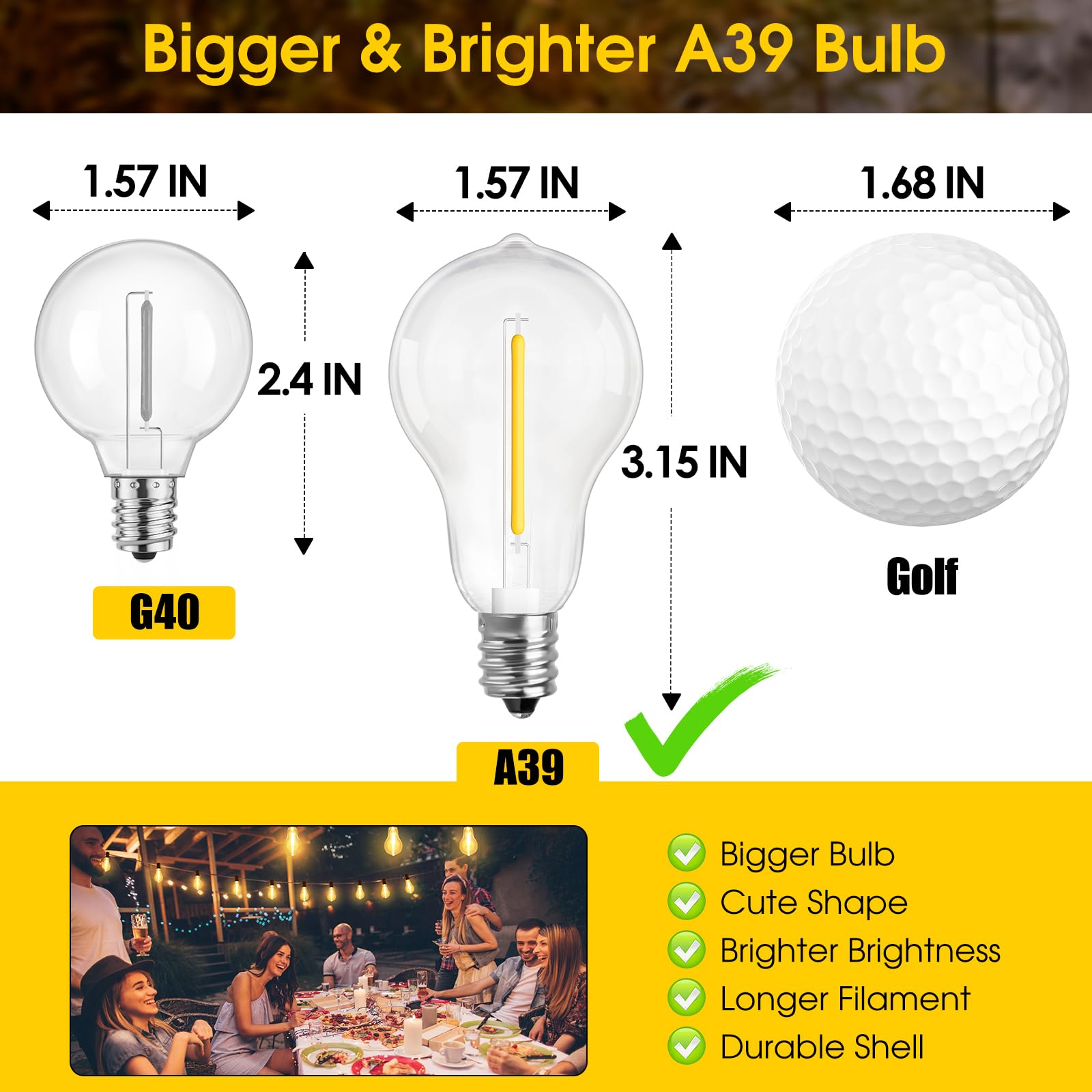 Larkvue 100Ft Led Outdoor String Lights, Waterproof Patio Lights With 42 Shatterproof Dimmable 2700K A39 Bulbs Hanging Lighting For Outside Backyard