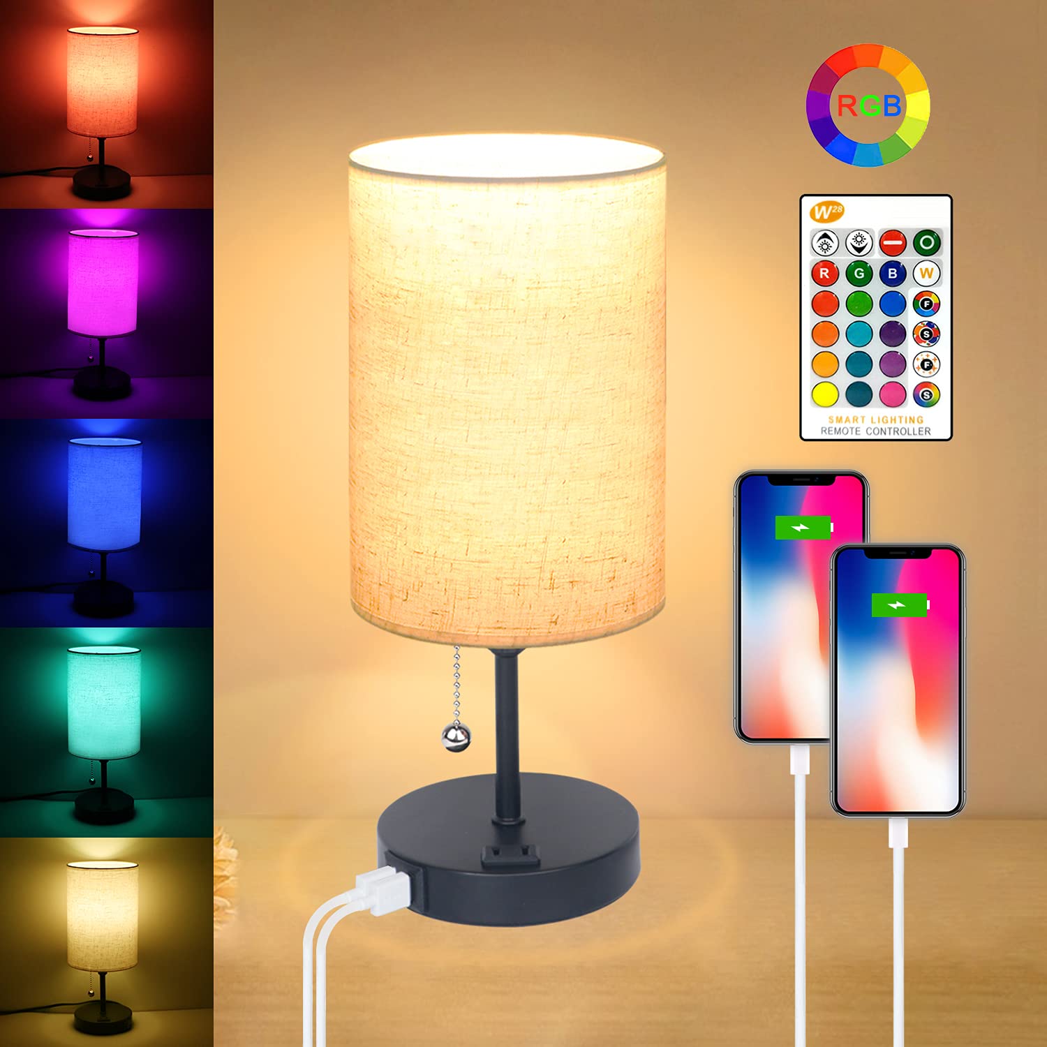 Kollniun Lamps For Bedrooms Nightstand Bedside Lamp With 2 Usb Port And Outlet, 3-Way Dimmable Table Lamps, Color Changing Night Stand Light Lamp Rgb Led Bulb