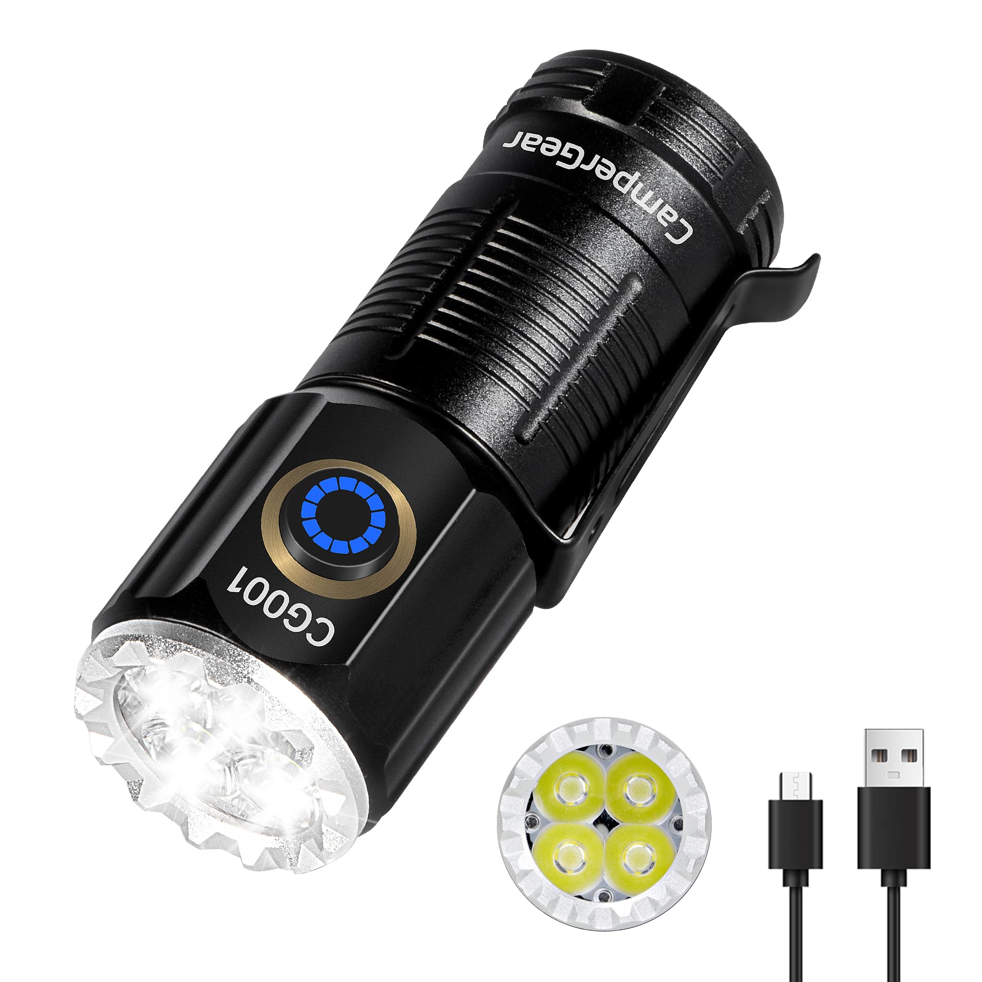 Campergear Small Led Rechargeable Flashlight, 3800 Lumens High Lumens Super Bright Mini Edc Flash Light For Camping Hiking Working And Home Use, Battery Included