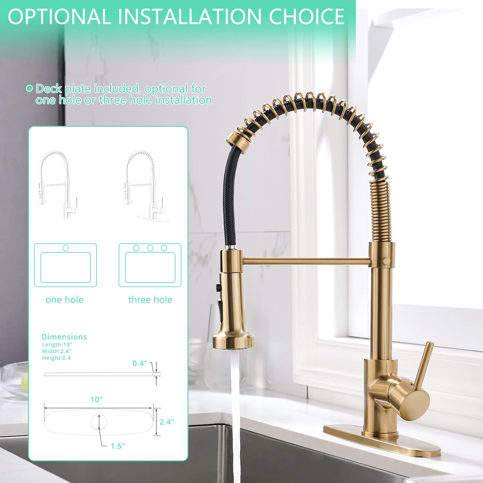 Aimadi Gold Kitchen Faucet With Pull Down Sprayer,Commercial Single Handle Brushed Gold Kitchen Sink Faucet With Deck Plate