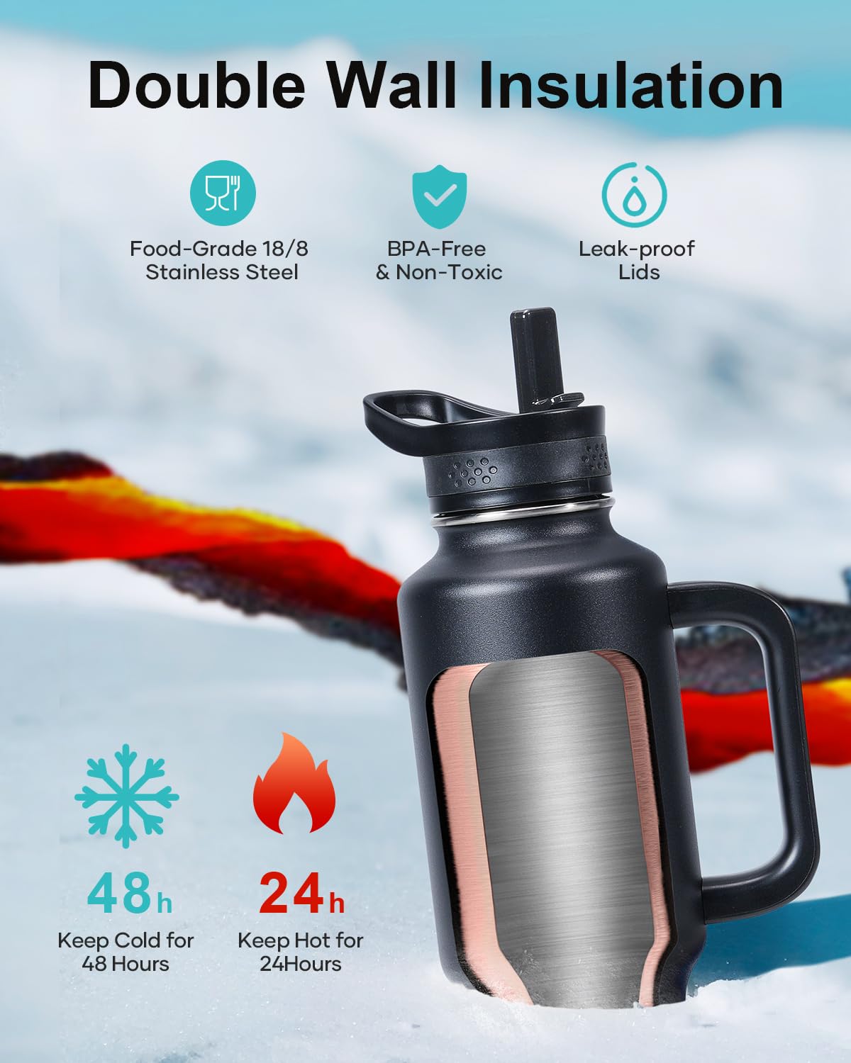 Buzio Insulated Water Bottle With Handle & Flip Straw, 40Oz Metal Travel Tumbler Fits In Cup Holder