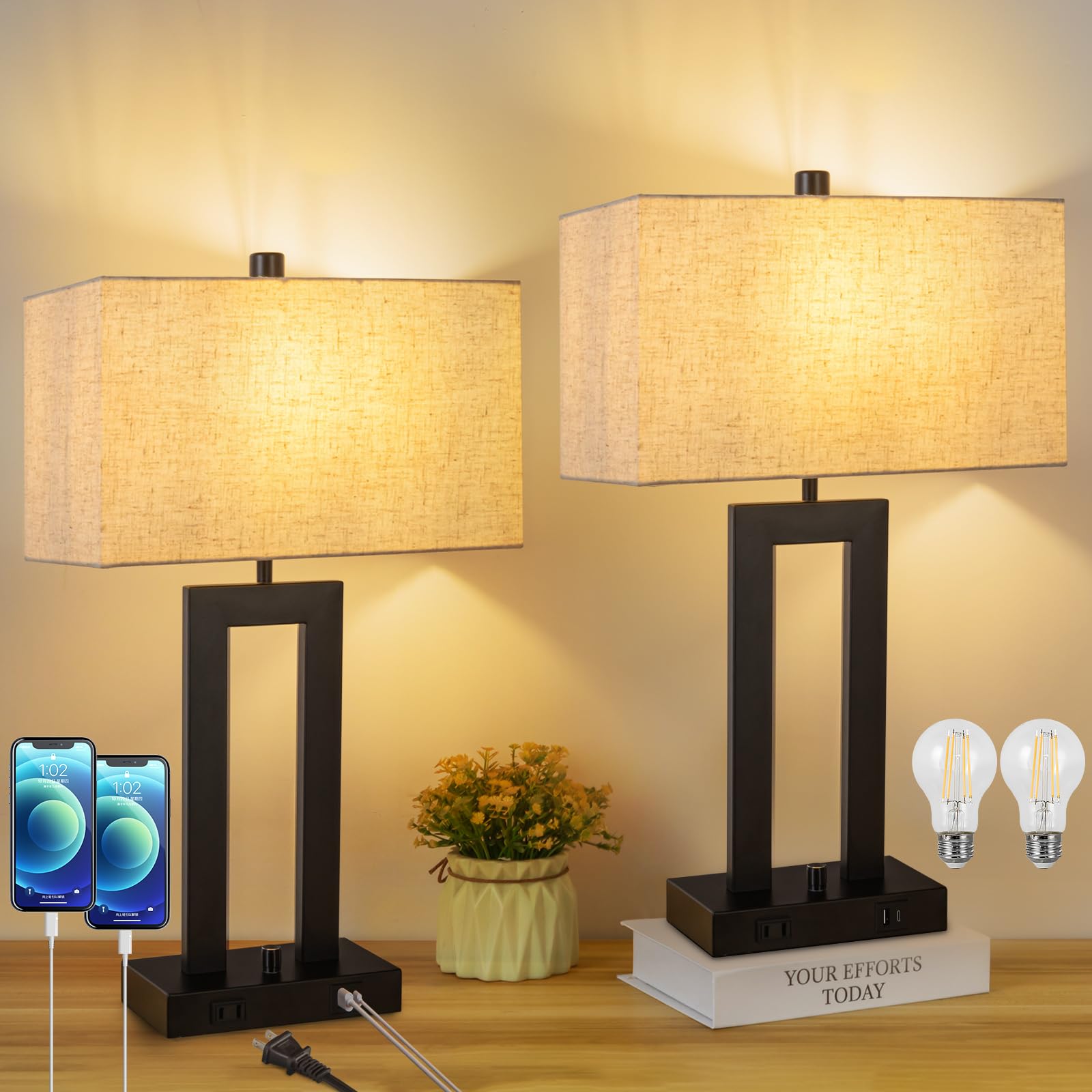 Vikdio Modern Table Lamps Set Of 2-22" Tall Bedside Lamps With Usb-C/Usb-A Charge Ports & Outlet, Stepless Dimmable Fabric Cream Shade Nightstand Lamps For Bedroom & Living Room