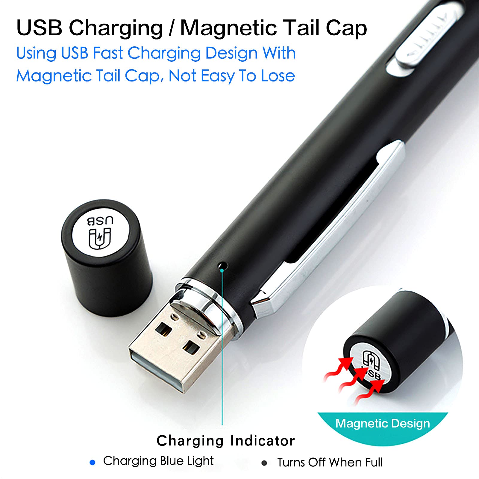 Aleoed Usb Rechargeable Pen Light Black Reusable Led For Students Doctors Nurses With 2 Led Sources, Extra Warm Light Bulb, Pocket Clip