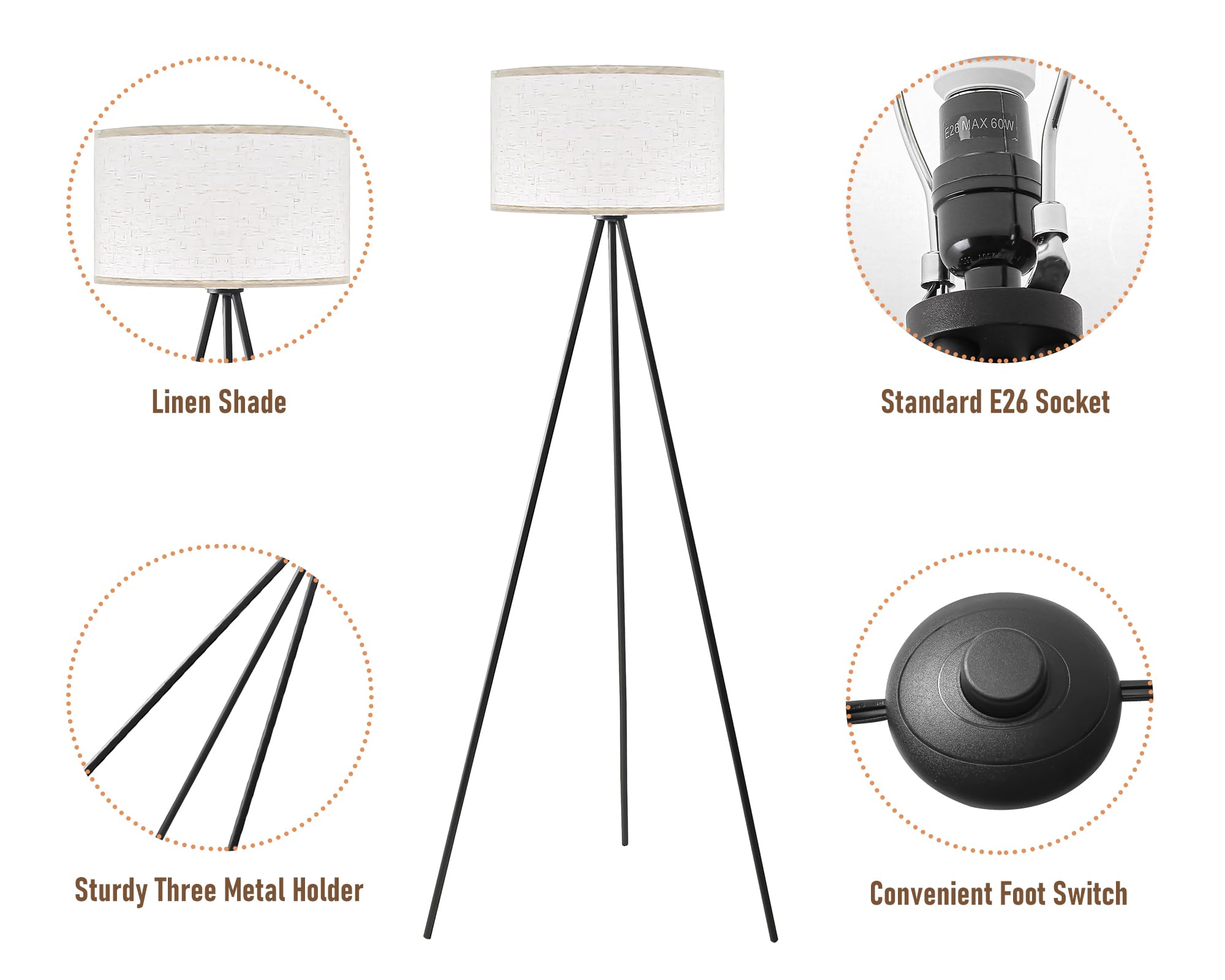 Yorkcare Tripod Floor Lamp, Black Modern Mid Century Standing Lamp Tripod Floor Lamps With Flaxen Drum Shade, Foot Switch For Living Room, Bedroom, Office, Includes E26 Led Bulb