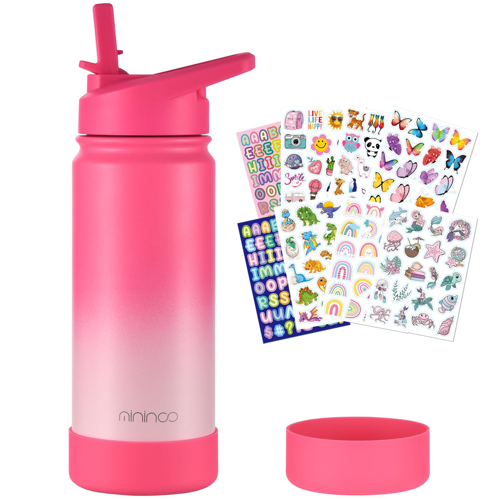 Mininoo Kids Water Bottle For School, 16Oz Stainless Steel Insulated Water Bottle Kids With Straw