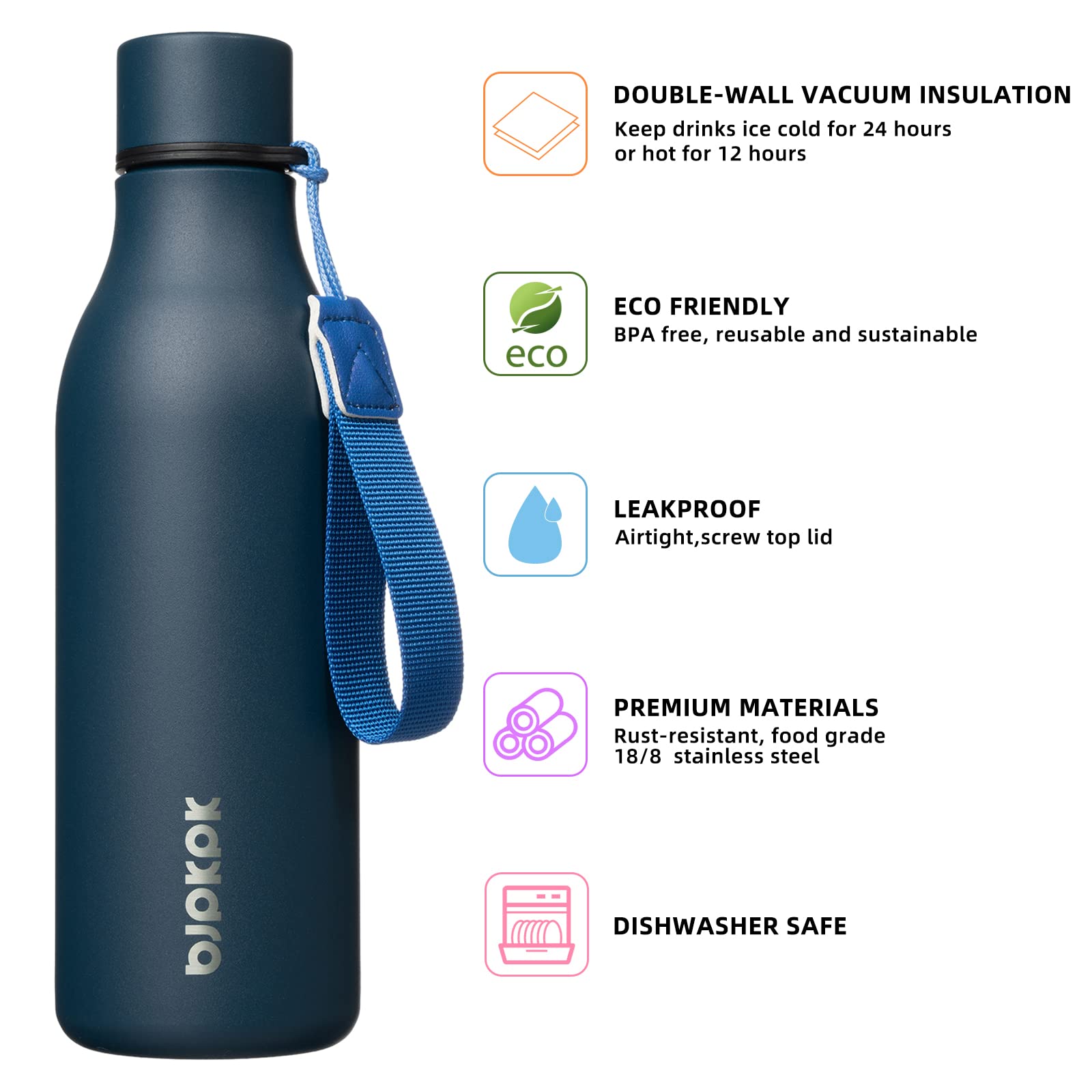 Bjpkpk Insulated Water Bottles, 18 Oz Stainless Steel Metal Water Bottle With Strap, Leak