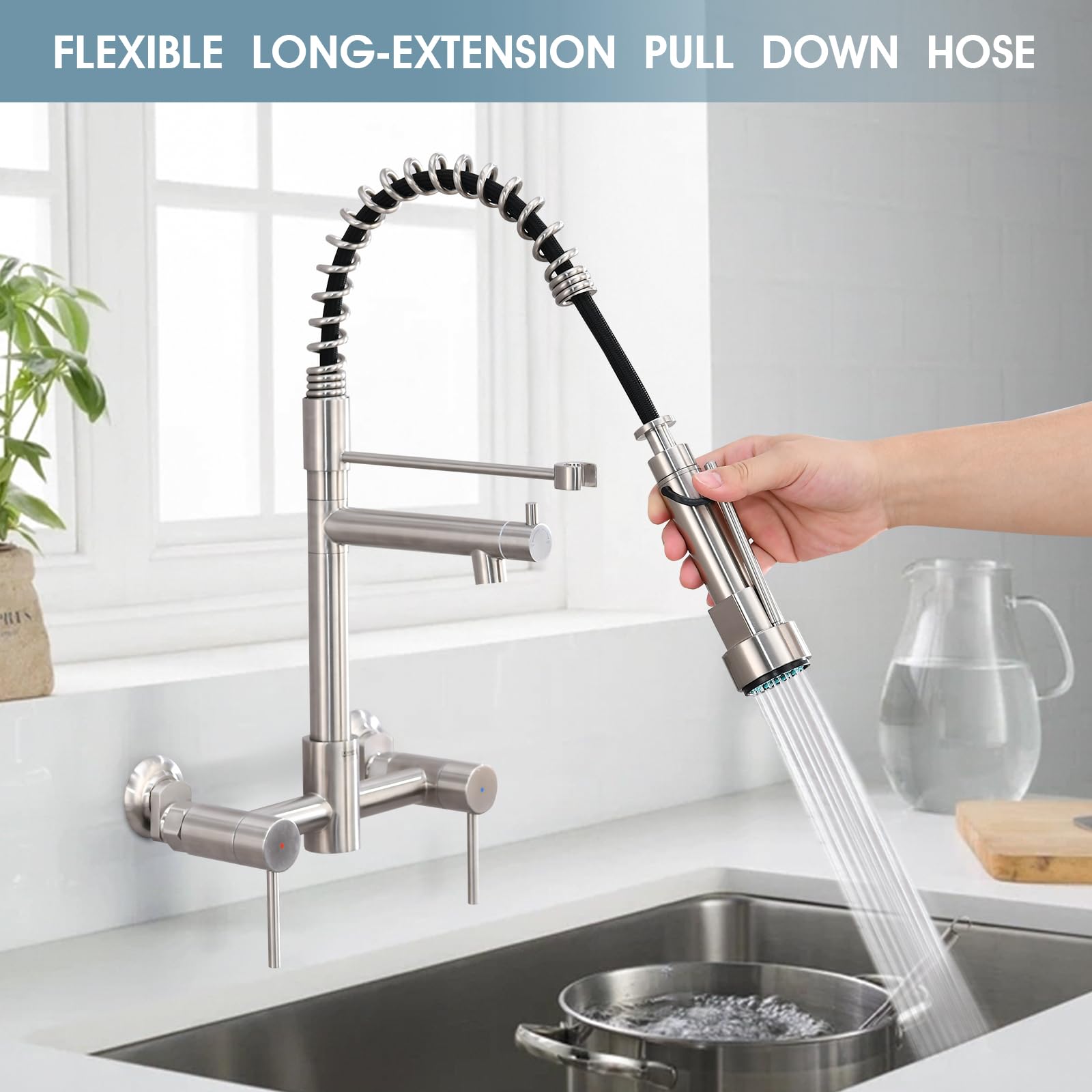 Demiinus Wall Mount Kitchen Faucet With Pull Down Sprayer, 8 Inch Center Commercial High Arc Kitchen Sink Faucet, 2 Handle Wall Mount Faucet For Kitchen Sink, Brushed Nickel