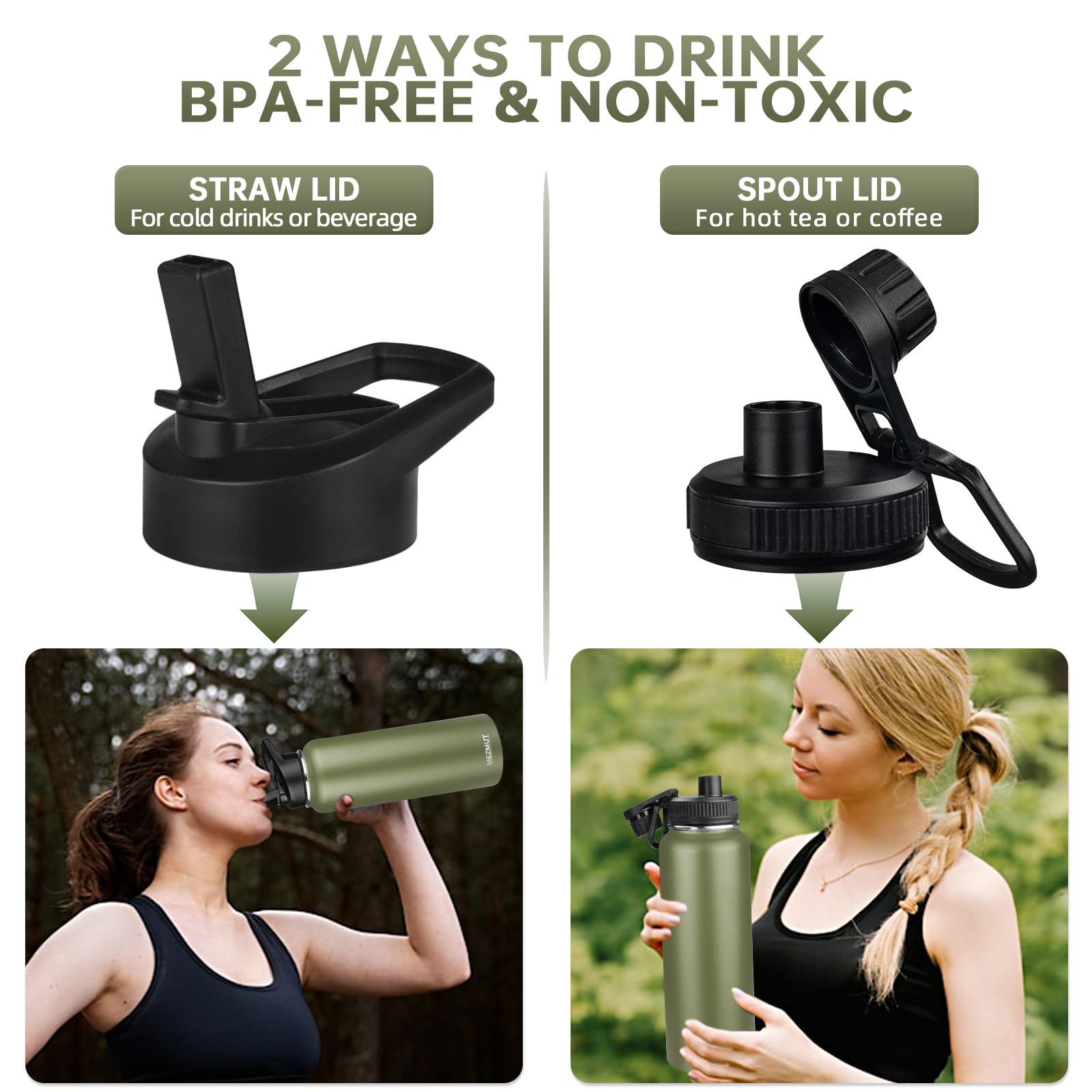 Mezmut Insulated Water Bottle With Straw&2 Lids 40Oz Stainless Steel Water Bottles Sports Metal