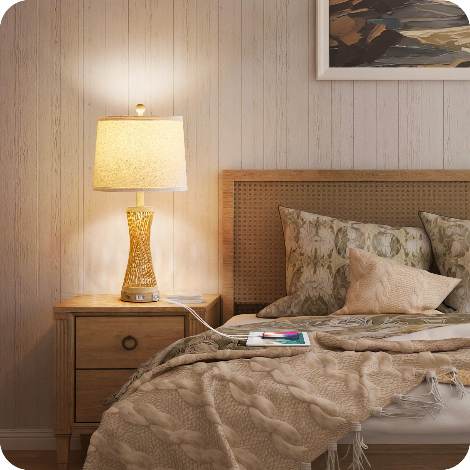 Goebleson 24.4” Farmhouse Rattan Table Lamp, Touch Bedside Lamp For Bedroom With 3-Way Dimmable Night Light, Usb A+C Charging Ports, Bamboo Boho Nightstand Lamp With Cream Linen Shade (Bulbs Included)