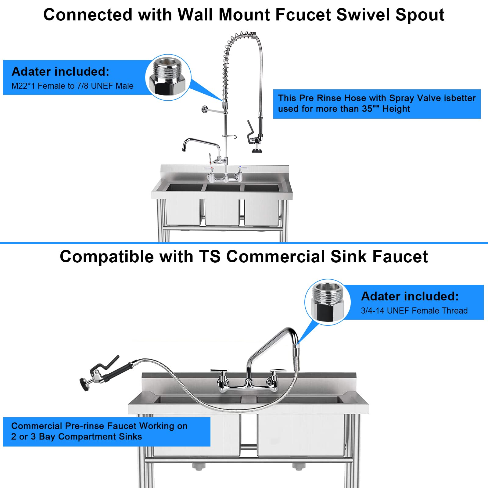 Kanoney Spray Valve With 44" Pre Rinse Hose, Flexible Stainless Hose 1.42 Gpm Commercial Sink Dish Sprayer Head With Ergonomic Handle Replacement Kits For Wall Mount Kitchen Restaurant Faucet, Black